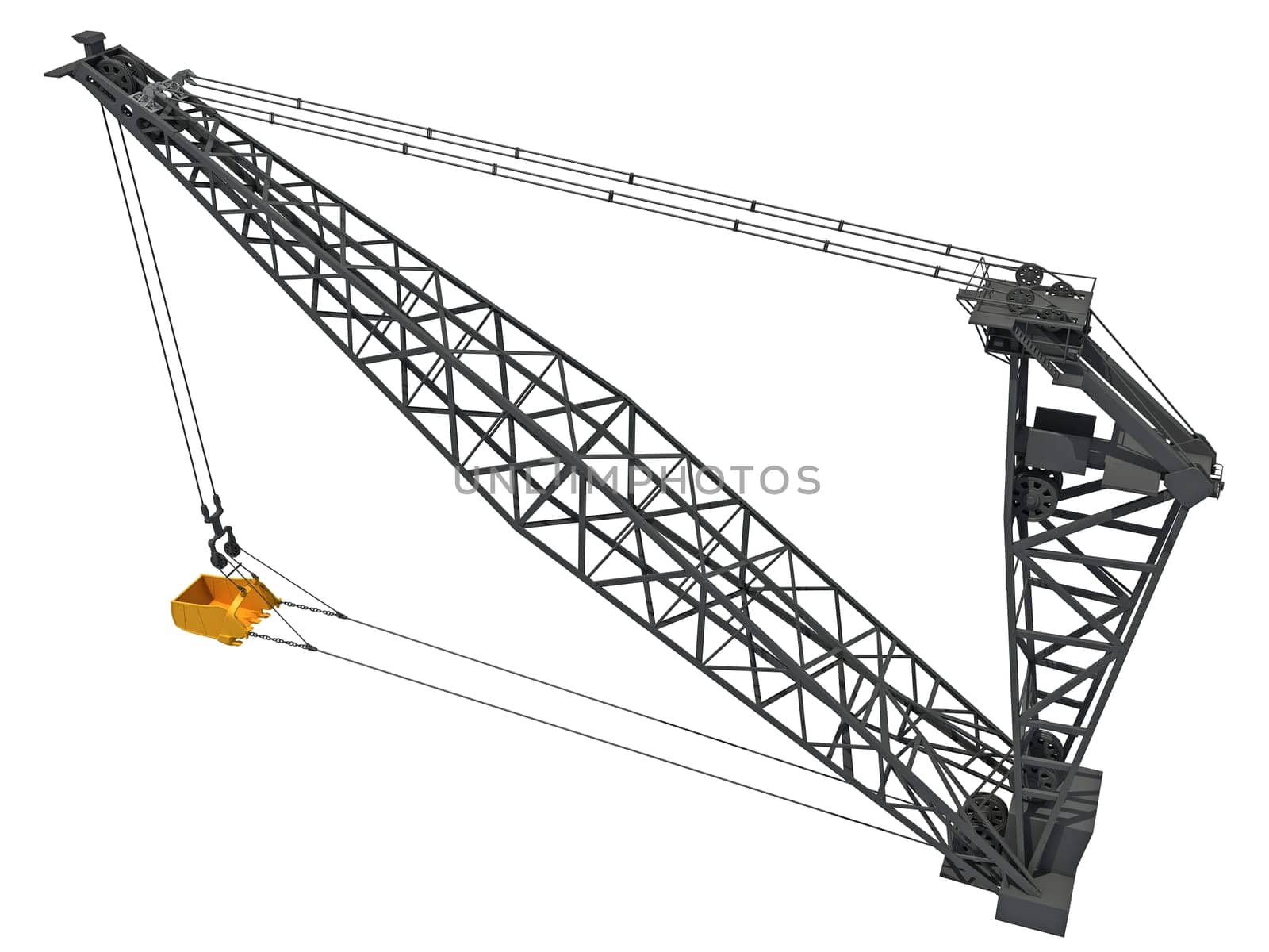 Dragline Excavator Bucket heavy construction machinery 3D rendering on white background