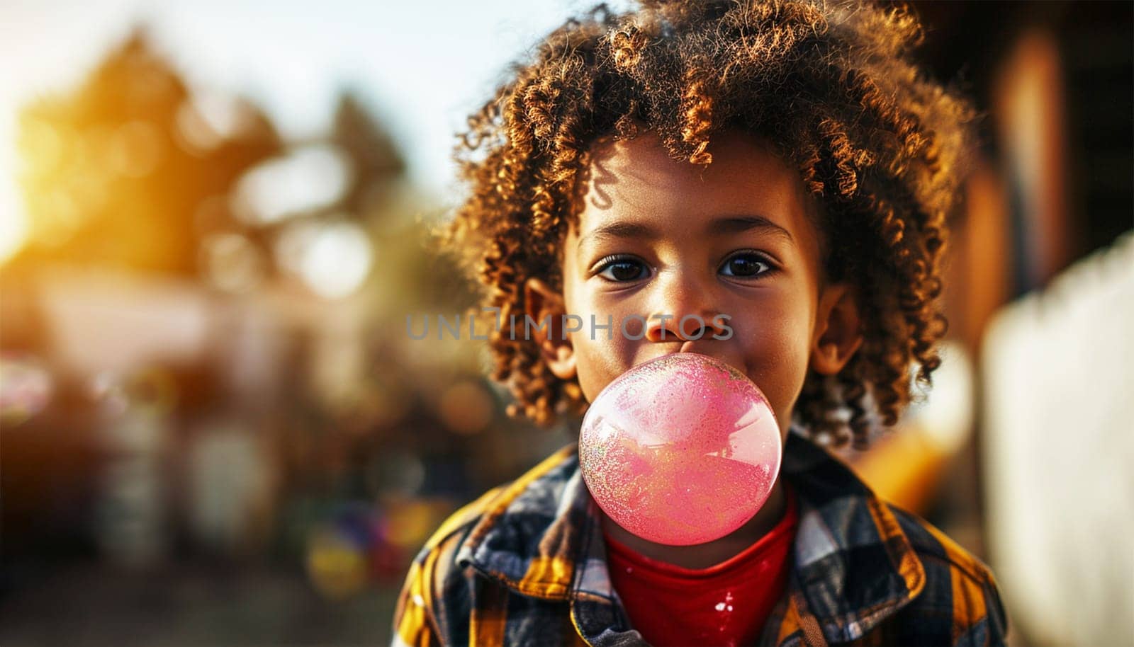 Afro-American child chewing gum blowing big pink bubble. Child having fun with bubble gum. Childhood candy portrait beauty