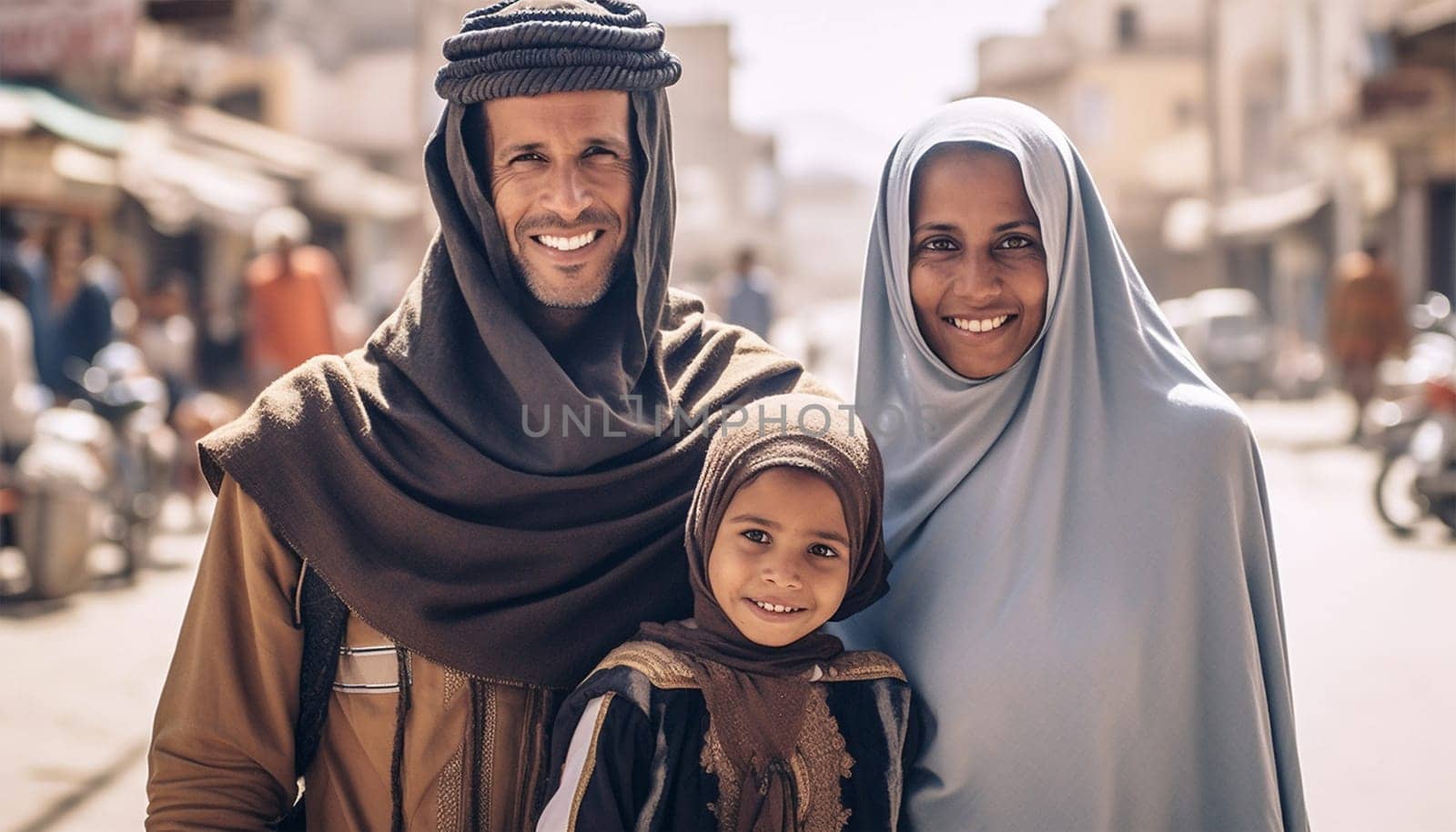 Portrait Of Happy Arabic Parents Posing With Their Little Daughter in the Islam streets. Wearing traditional hijab clothes. Family,Islamic Muslim parents together beauty