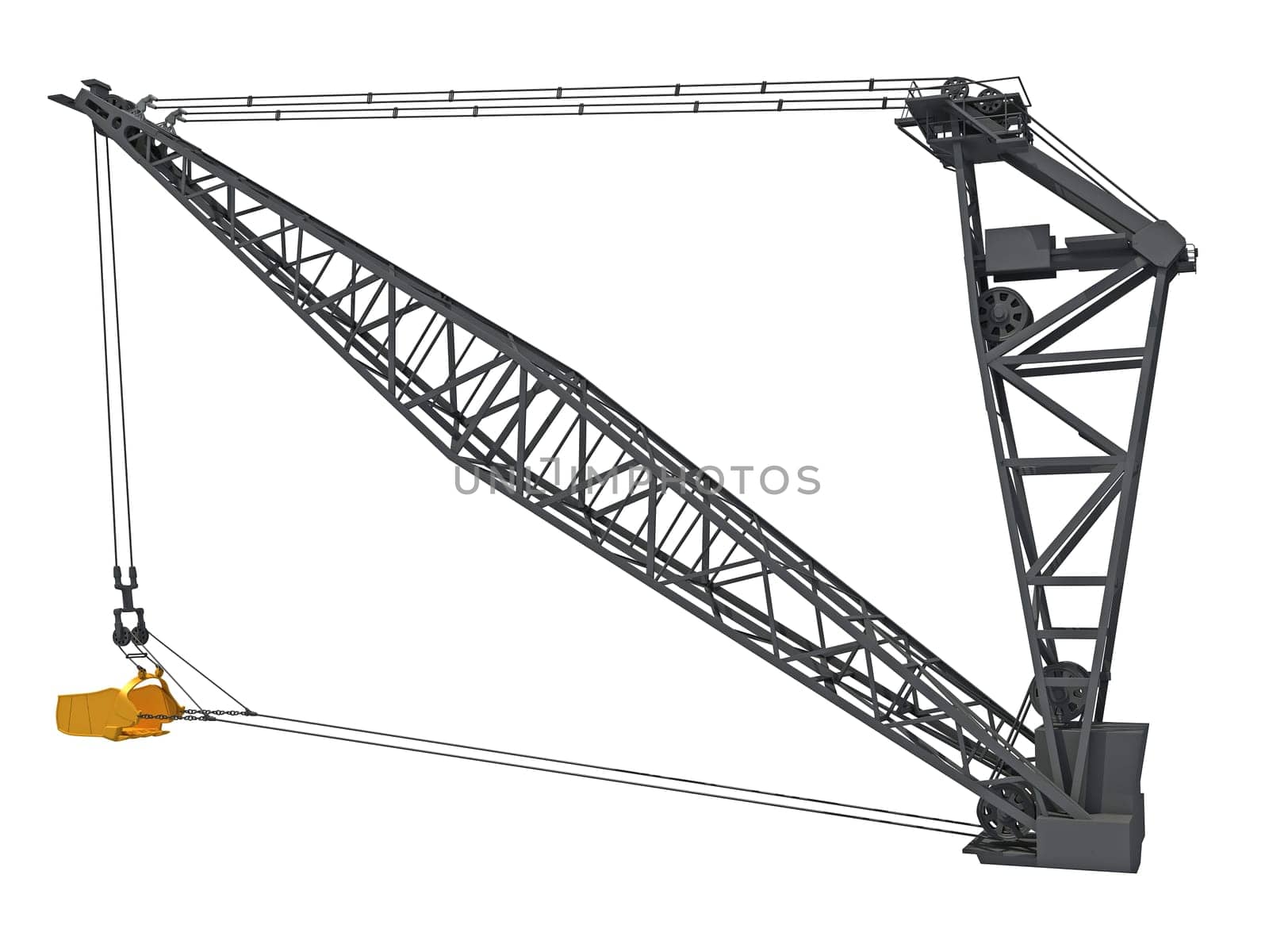 Dragline Excavator Bucket heavy construction machinery 3D rendering on white background