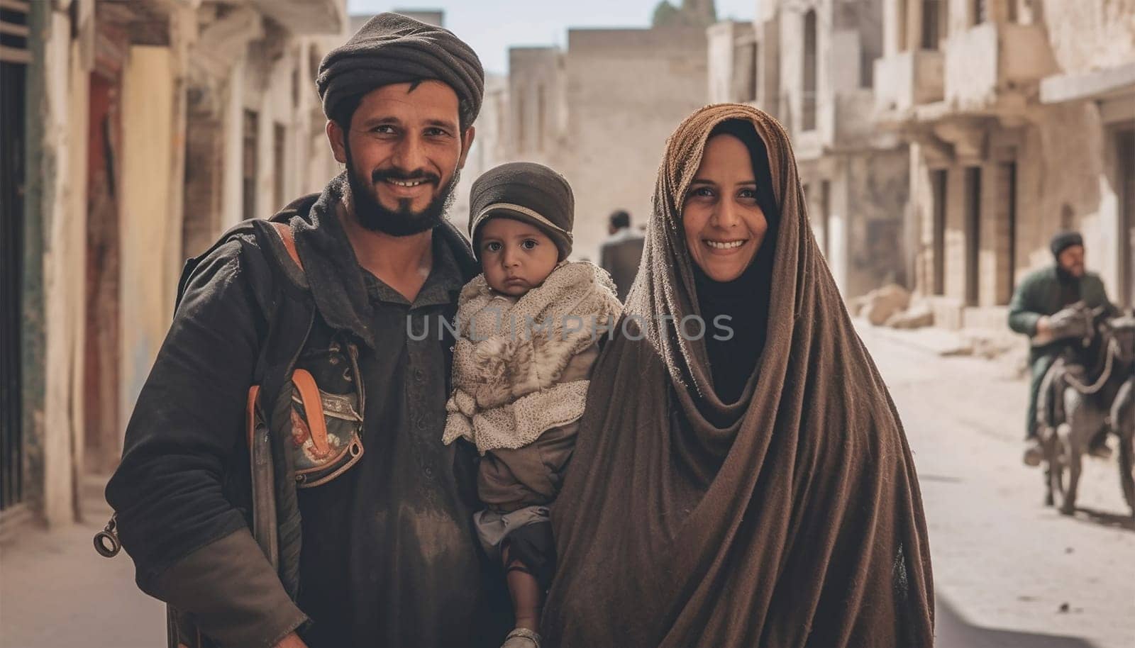 Portrait Of Happy Arabic Parents Posing With Their Little Daughter in the Islam streets. Wearing traditional hijab clothes. Family,Islamic Muslim parents together beauty