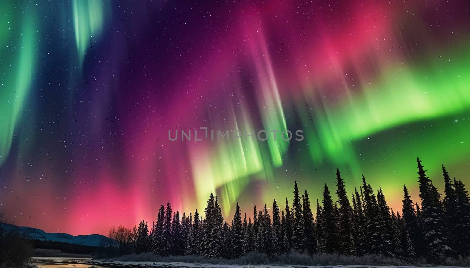 Northern lights amazing colorful lights in the sky. Multi colored, Green,pink and purple. Magical nature landscape. Amazing Aurora borealis Northern lights. Amazing night scene Polar sky beauty