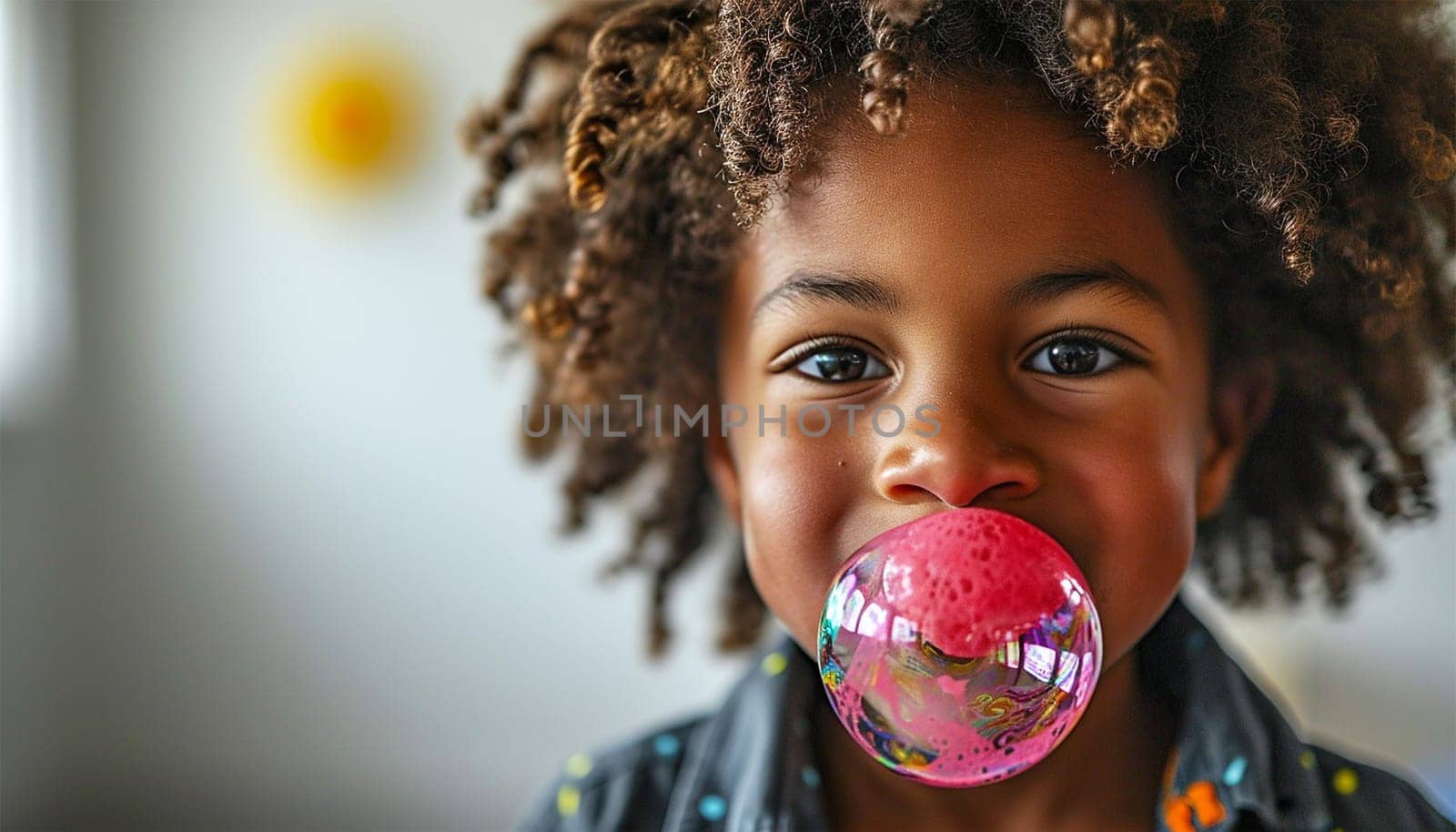 Afro-American child chewing gum blowing big pink bubble. Child having fun with bubble gum. Childhood candy portrait beauty