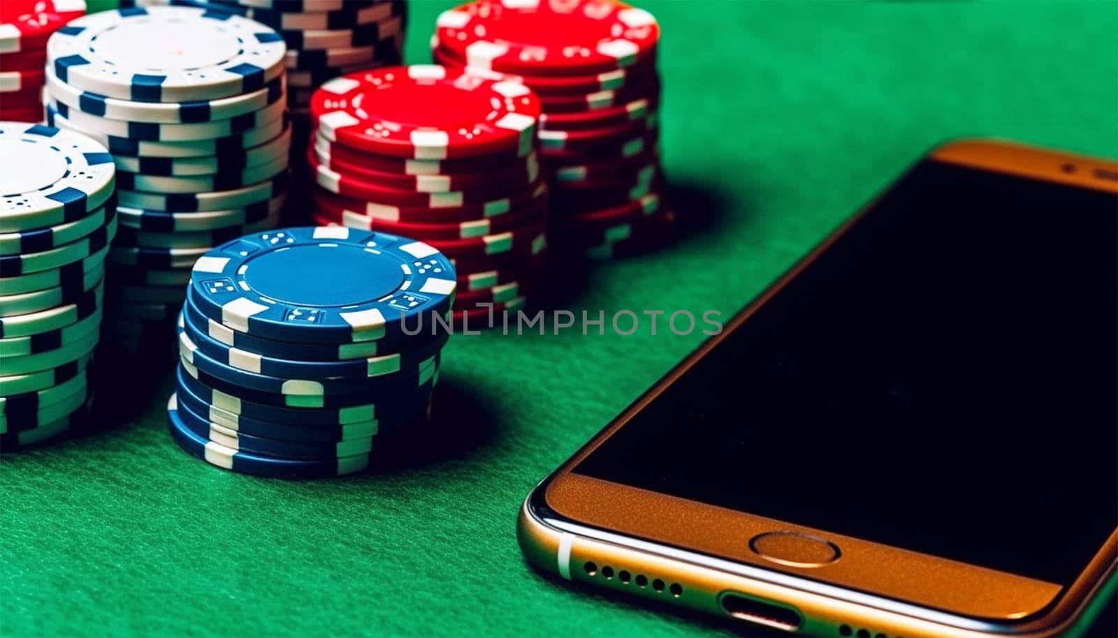 Online casino, poker chips with smartphone, slot machine, Casino Roulette, poker chips and playing cards concept copy space. Games on smartphone online with app space for text