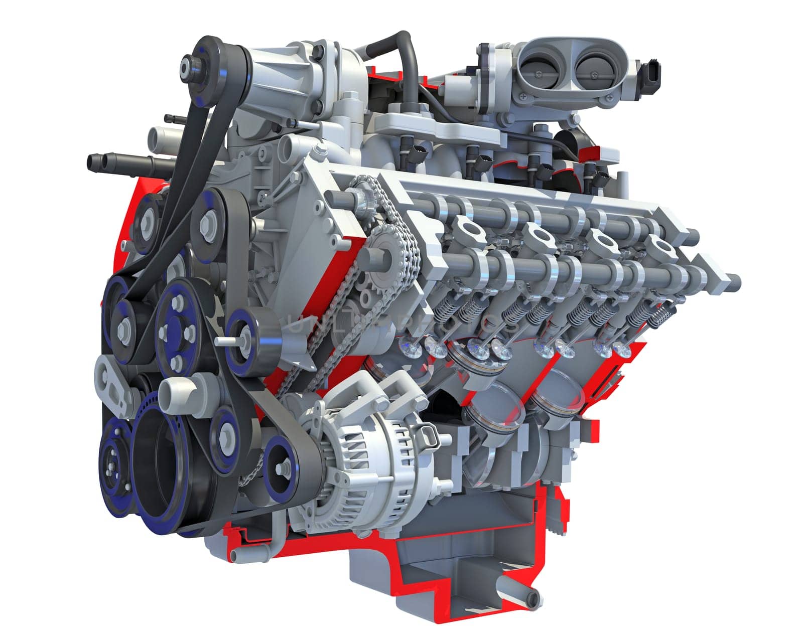 Cutaway V8 Engine section 3D rendering model on white background