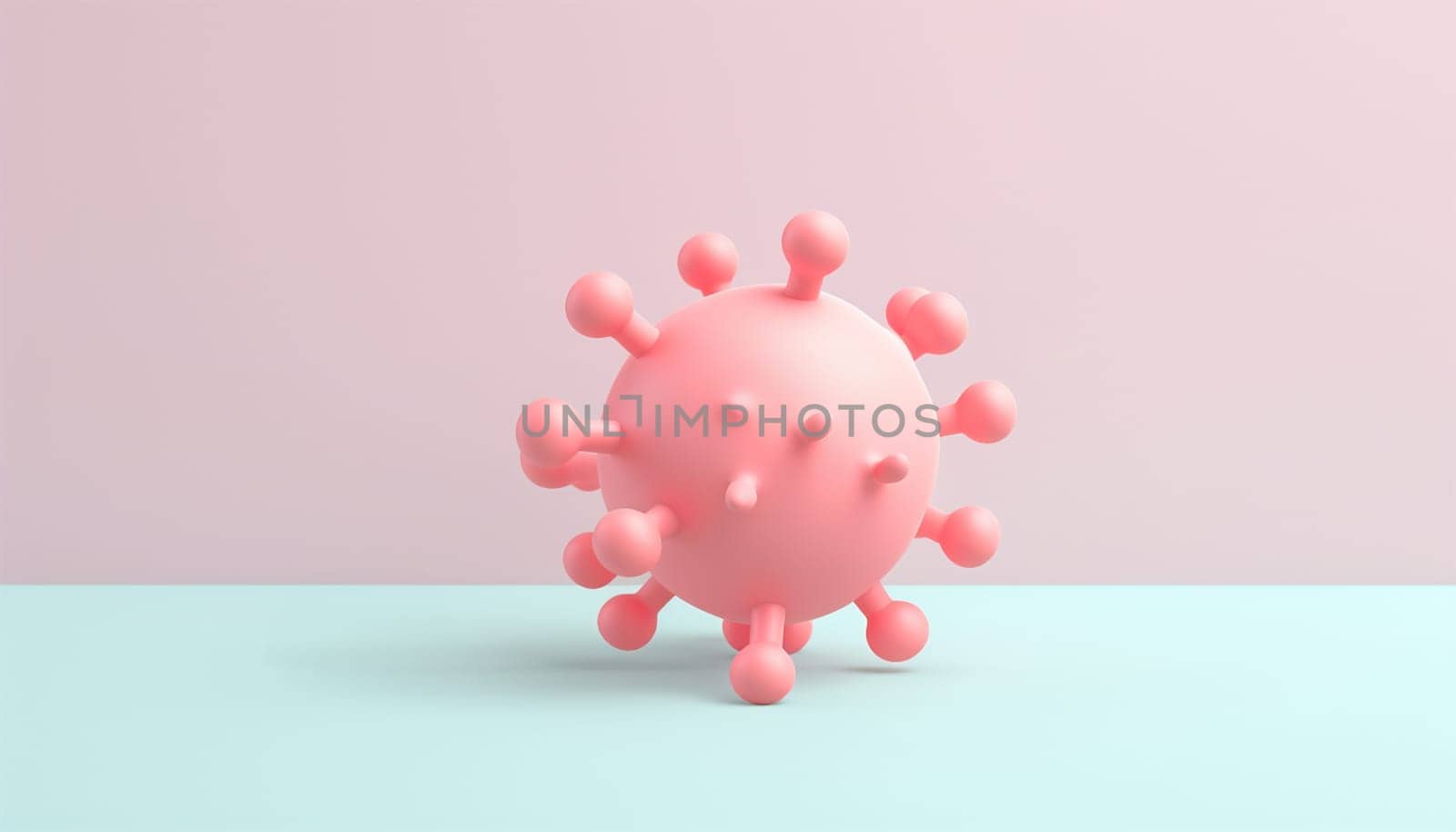 Virus model pastel color. 3D animation Concept. Health care. Virus infection. Working at home. isolated on a cream-colored background. 3D covic-19. 4 virus. Pink cartoon style. Pastel colors. 3D illustration. 3D rendering. Pink and blue Copy space