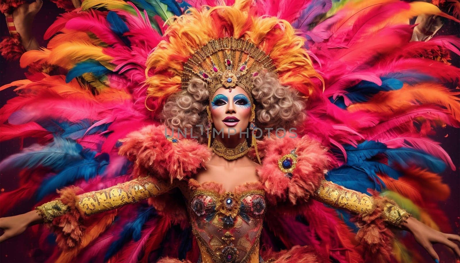 traditional British pantomime actors on stage in theater wearing colorful costumes they are performing and singing and wear makeup English theater concept copy space