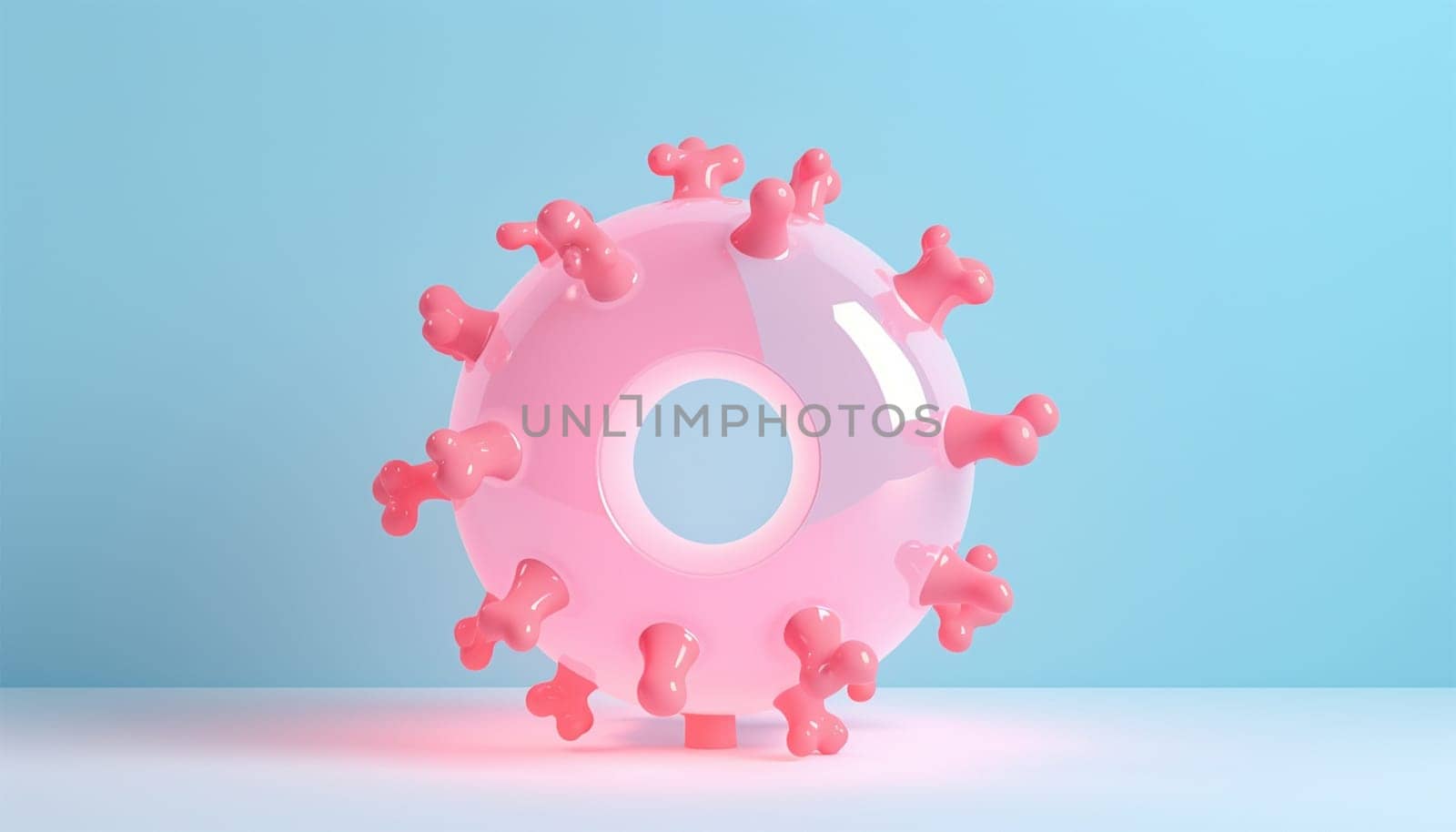 Virus model pastel color. 3D animation Concept. Health care. Virus infection. Working at home. isolated on a cream-colored background. 3D covic-19. 4 virus. Pink cartoon style. Pastel colors. 3D illustration. 3D rendering. Pink and blue Copy space