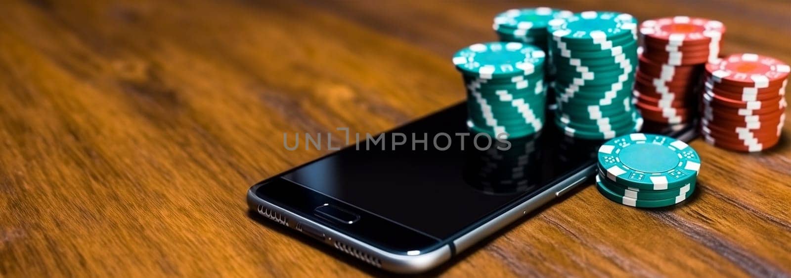 Online casino, poker chips with smartphone, slot machine, Casino Roulette, poker chips and playing cards concept copy space. Games on smartphone online with app space for text