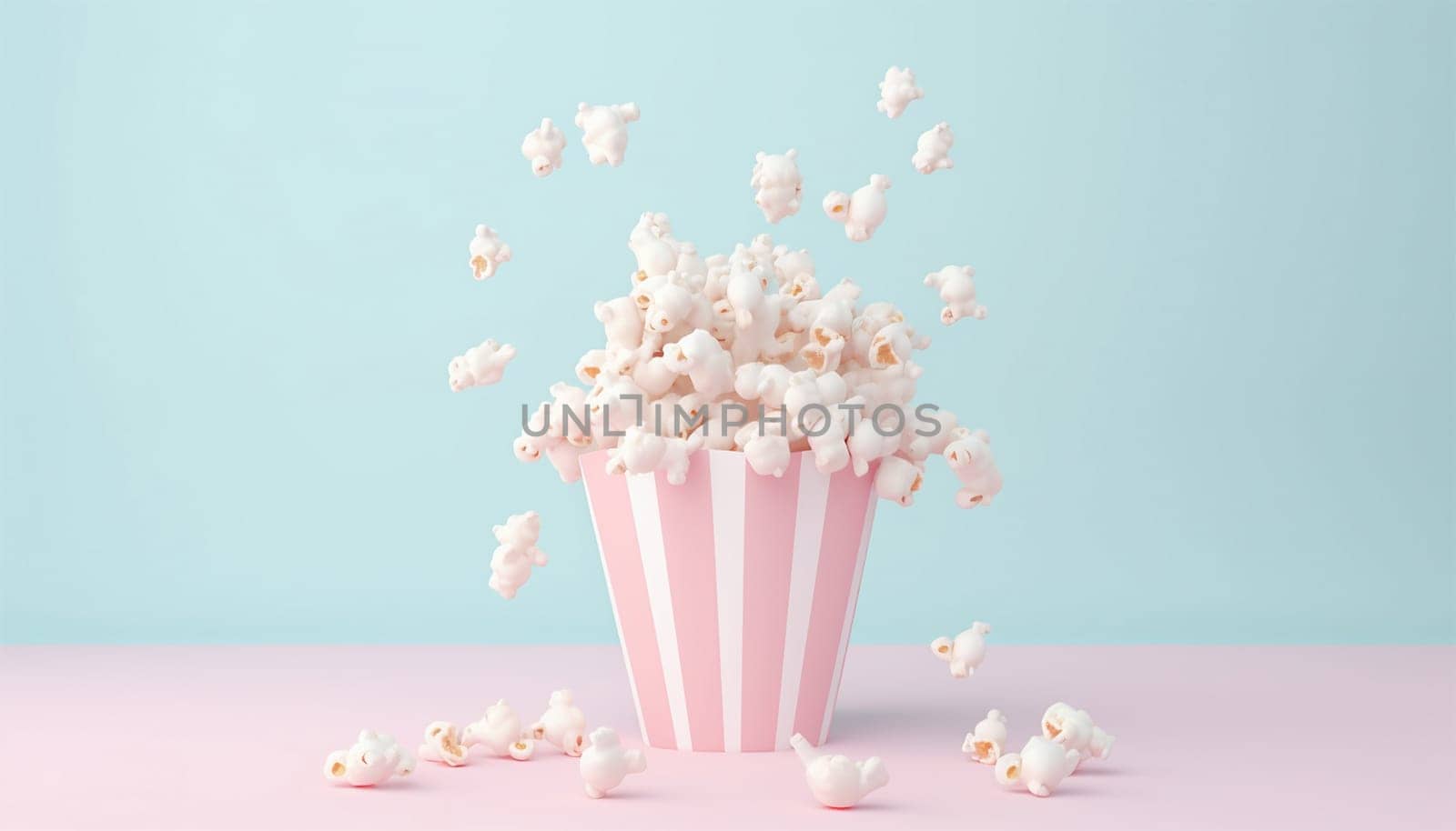 abstract cartoon style popcorn bucket 3d rendering animation. Pastel colored pink and blue. 3D cinema concept Space for text