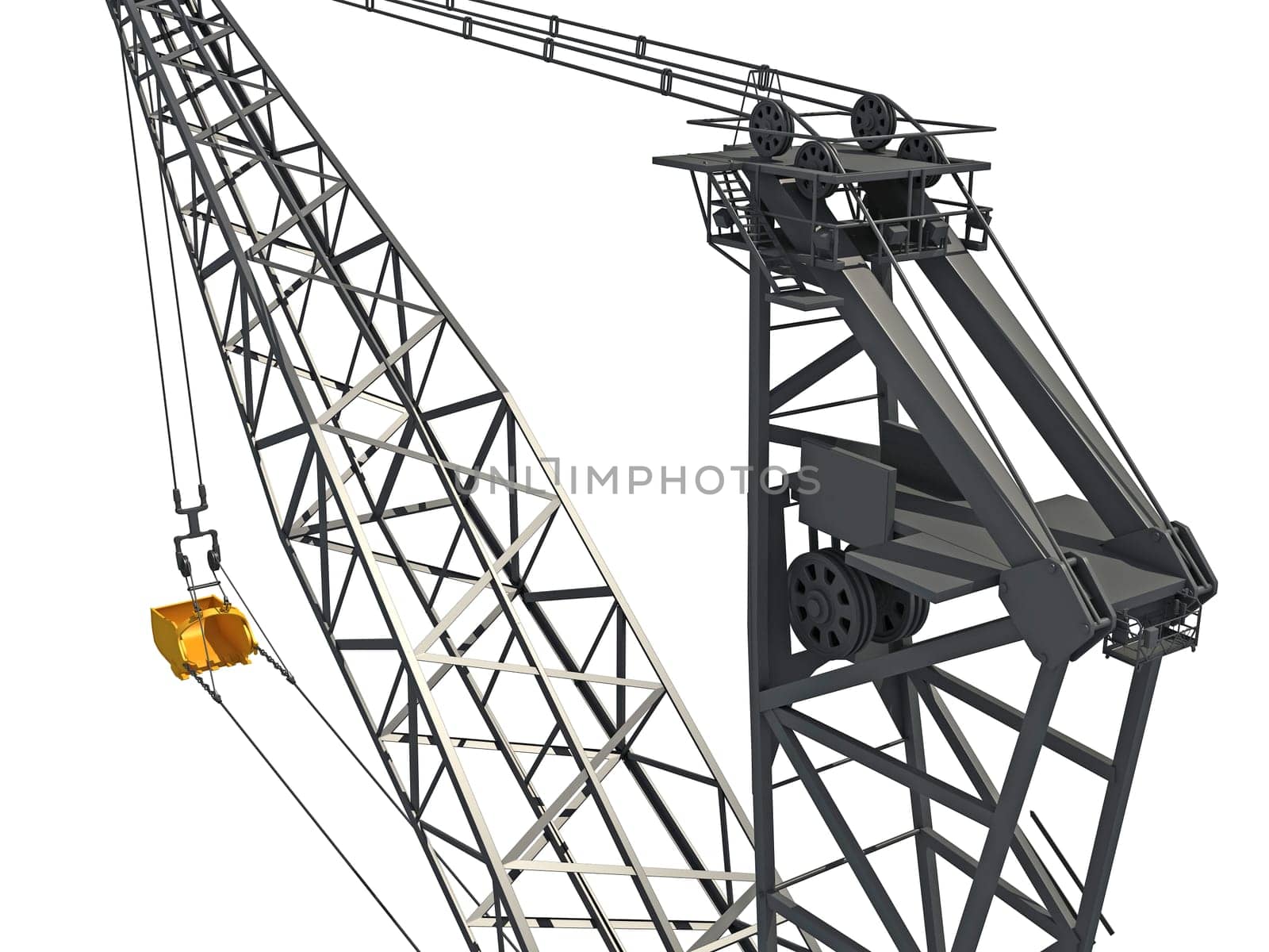 Dragline Excavator Bucket heavy construction machinery 3D rendering on white background
