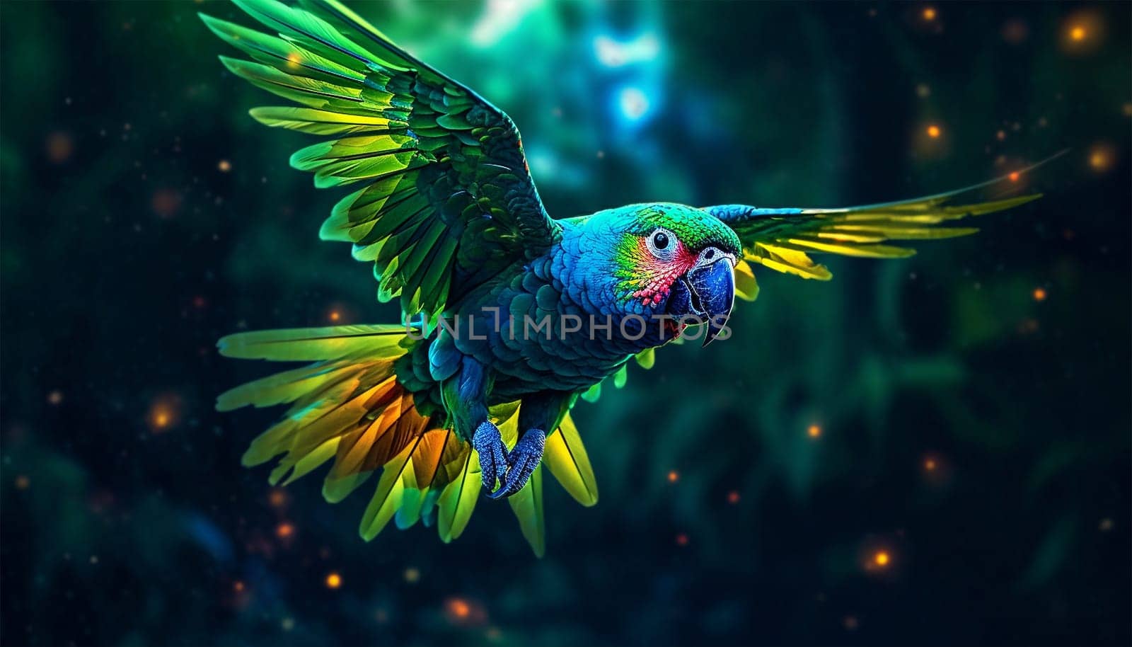 Colorful parrot flies in the jungle gradient neon colors. Blue and Yellow Macaw Ara Ararauna South American parrot gradient fluffy feathers cerulean golden yellow background Tropical copy space