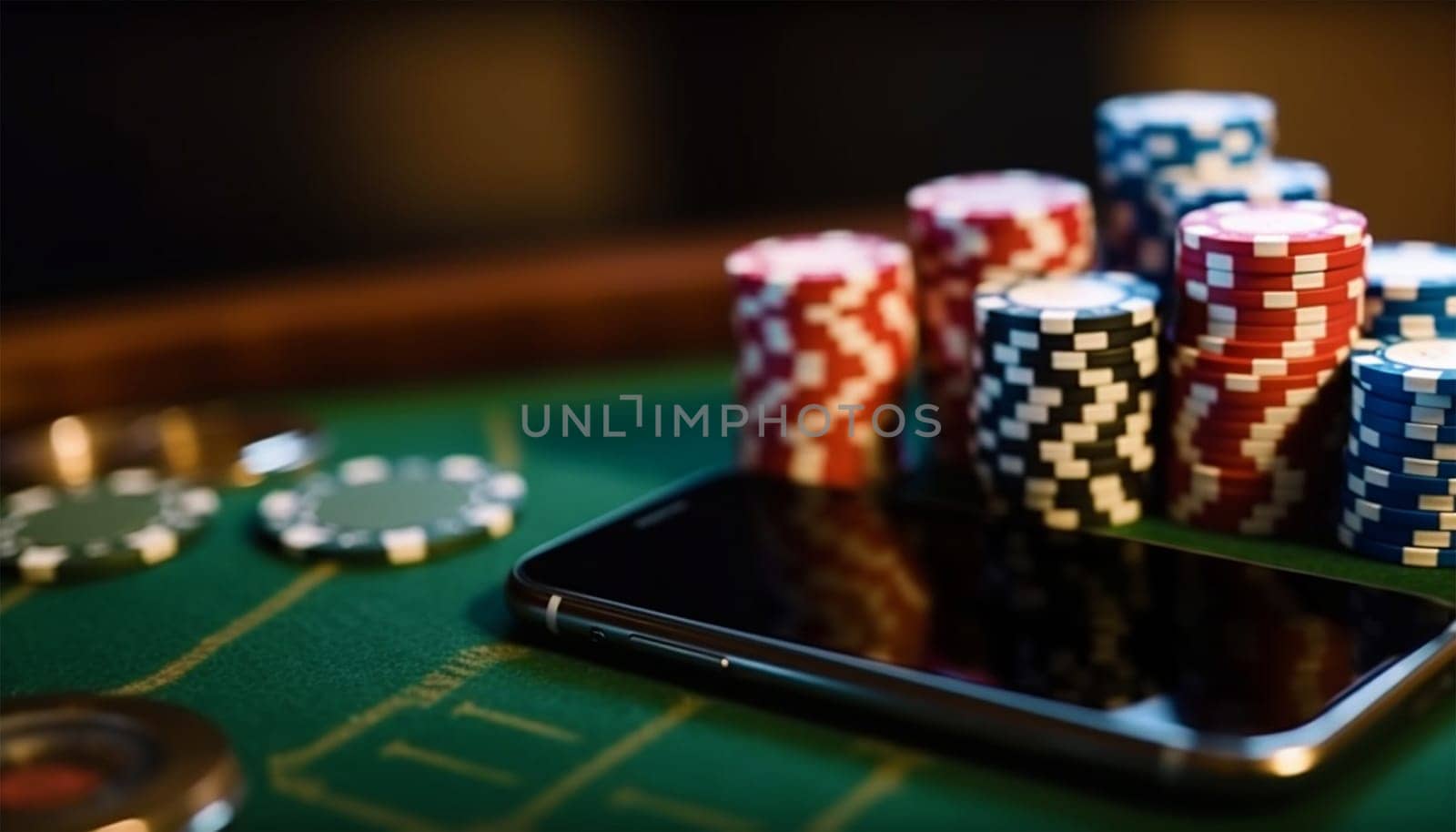 Online casino, poker chips with smartphone, slot machine, Casino Roulette, poker chips and playing cards concept copy space. Games on smartphone online with app space for text