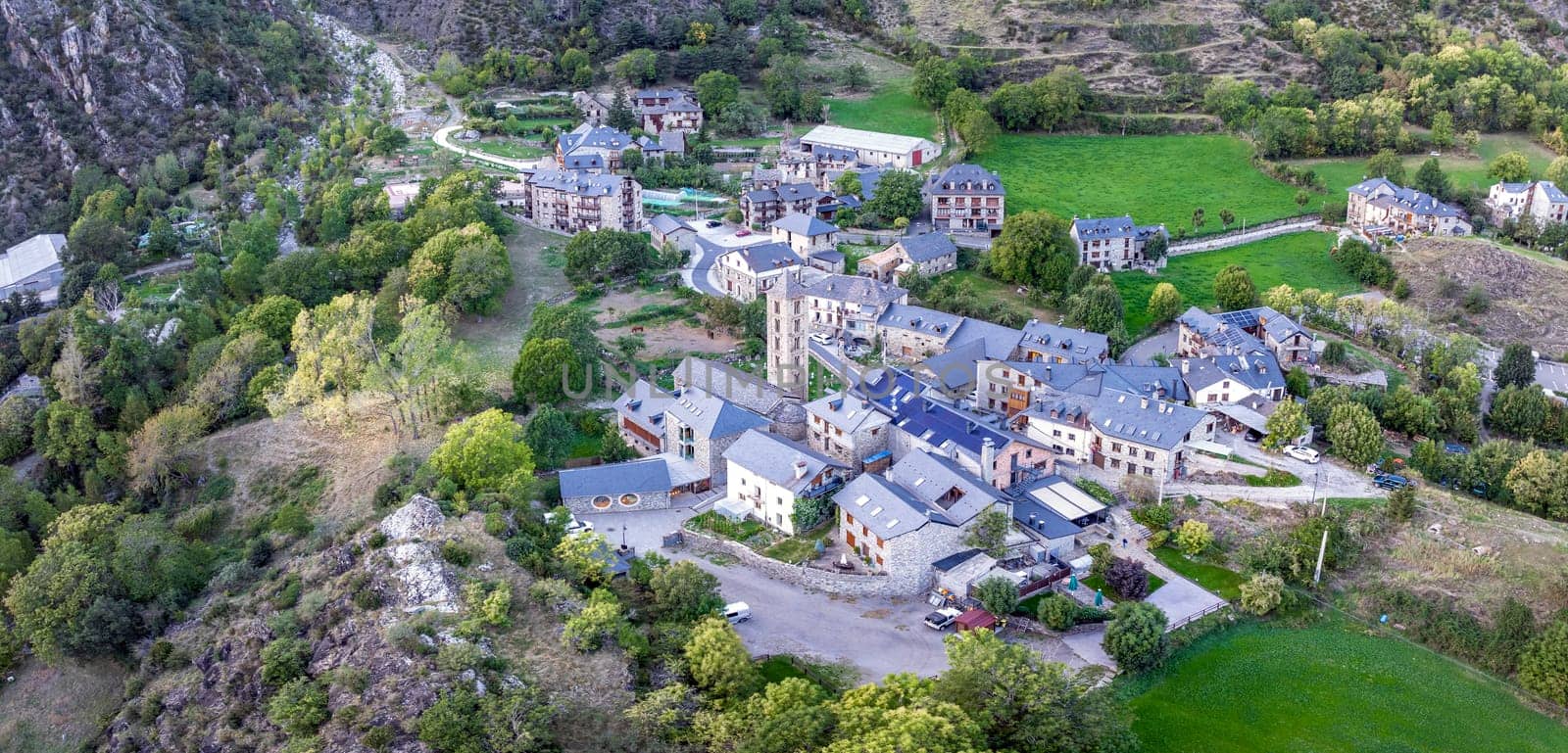 Erill la Vall panoramic aerial view, in the Vall de Boi, Lleida Catalonia Spain