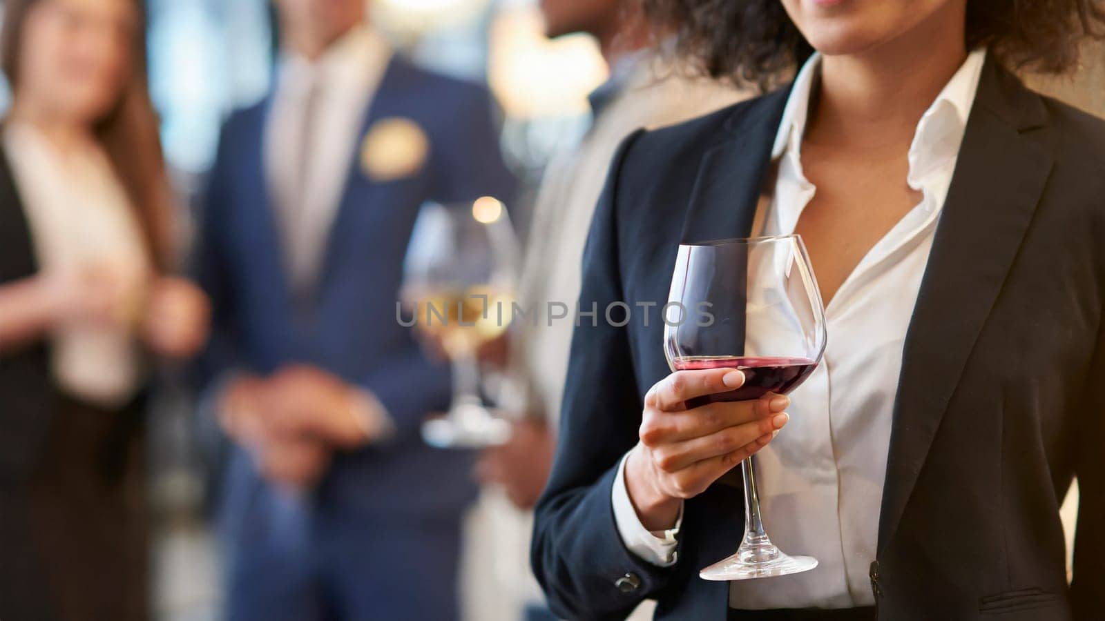 businesswoman holding glass of red wine at corporate party. AI generated