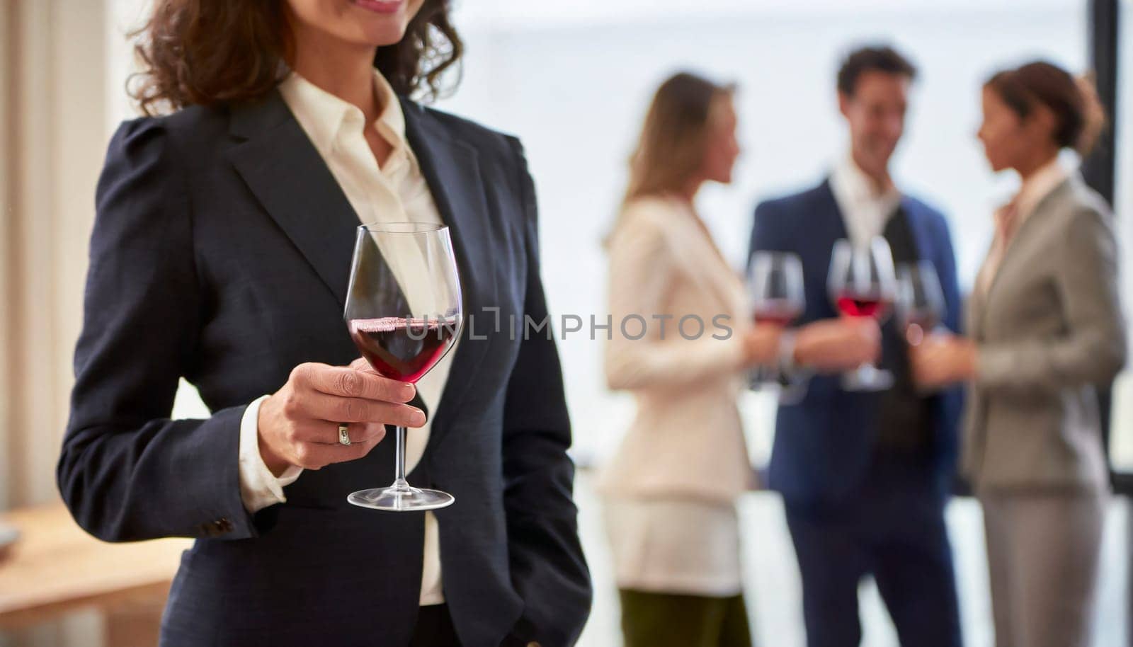 businesswoman holding glass of red wine at corporate party. AI generated