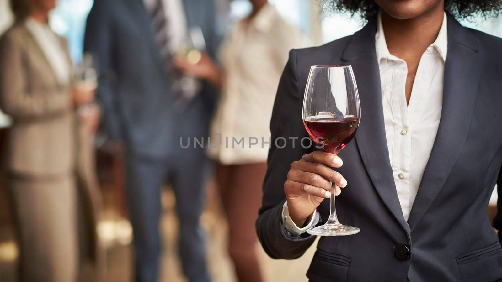 businesswoman holding glass of red wine at corporate party. AI generated