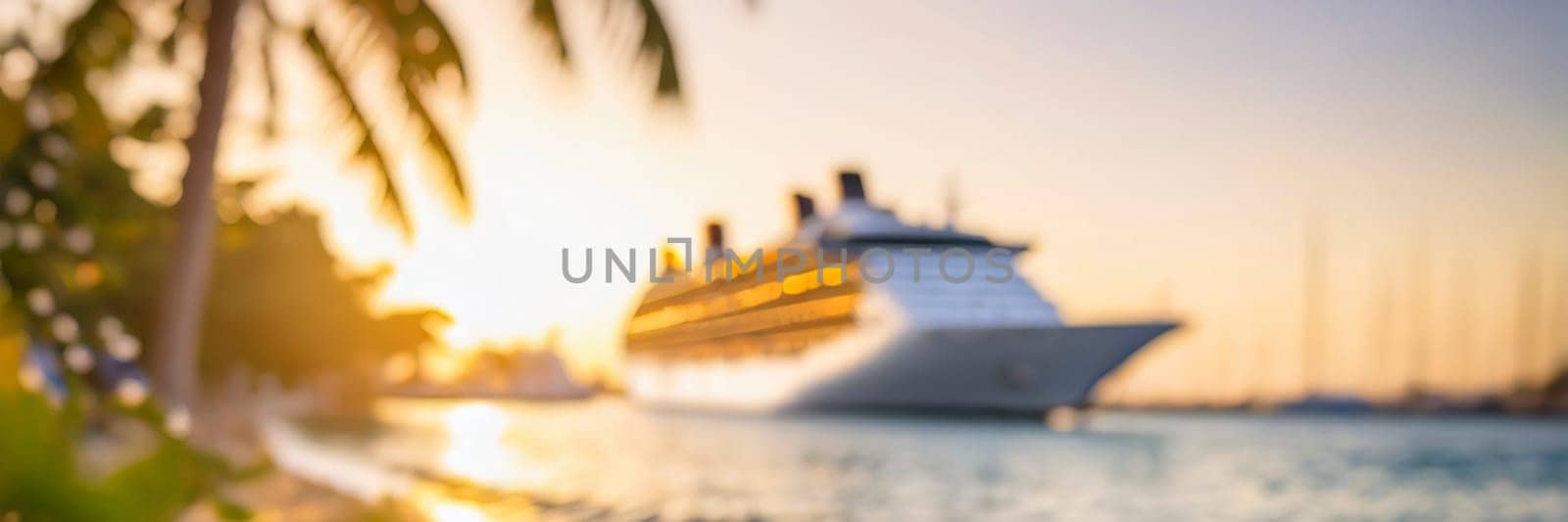 Cruise ship and palm tree on the beach in the tropics. Tropical island vacation concept. AI generated