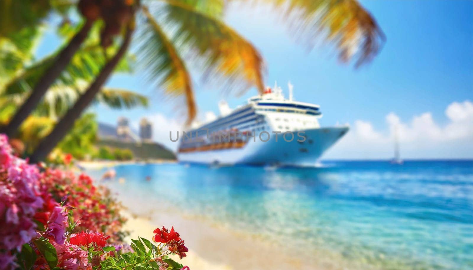 Cruise ship and palm tree on the beach in the tropics. Tropical island vacation concept. AI generated