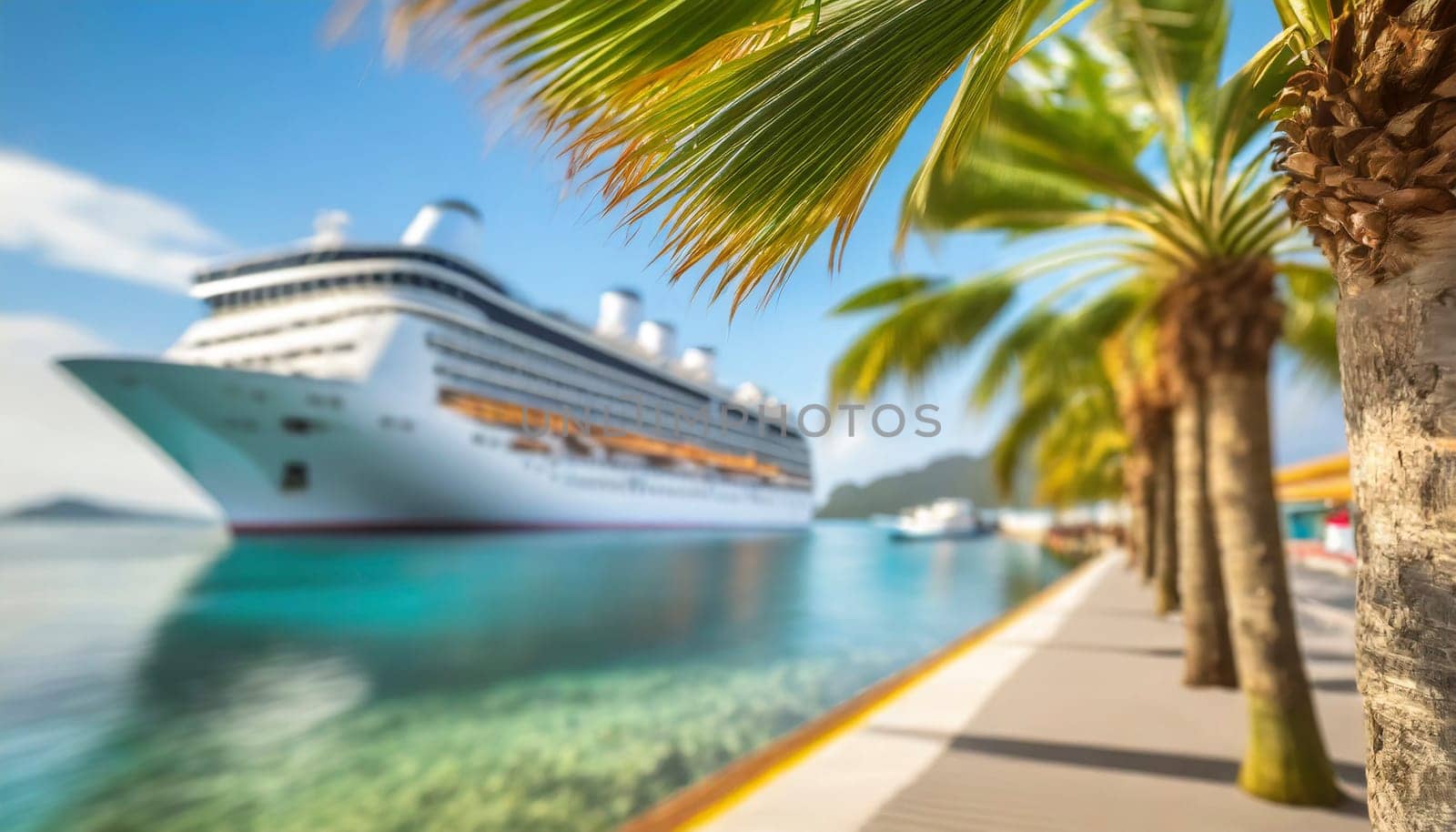 Cruise ship and palm tree on the beach in the tropics. Tropical island vacation concept. AI generated