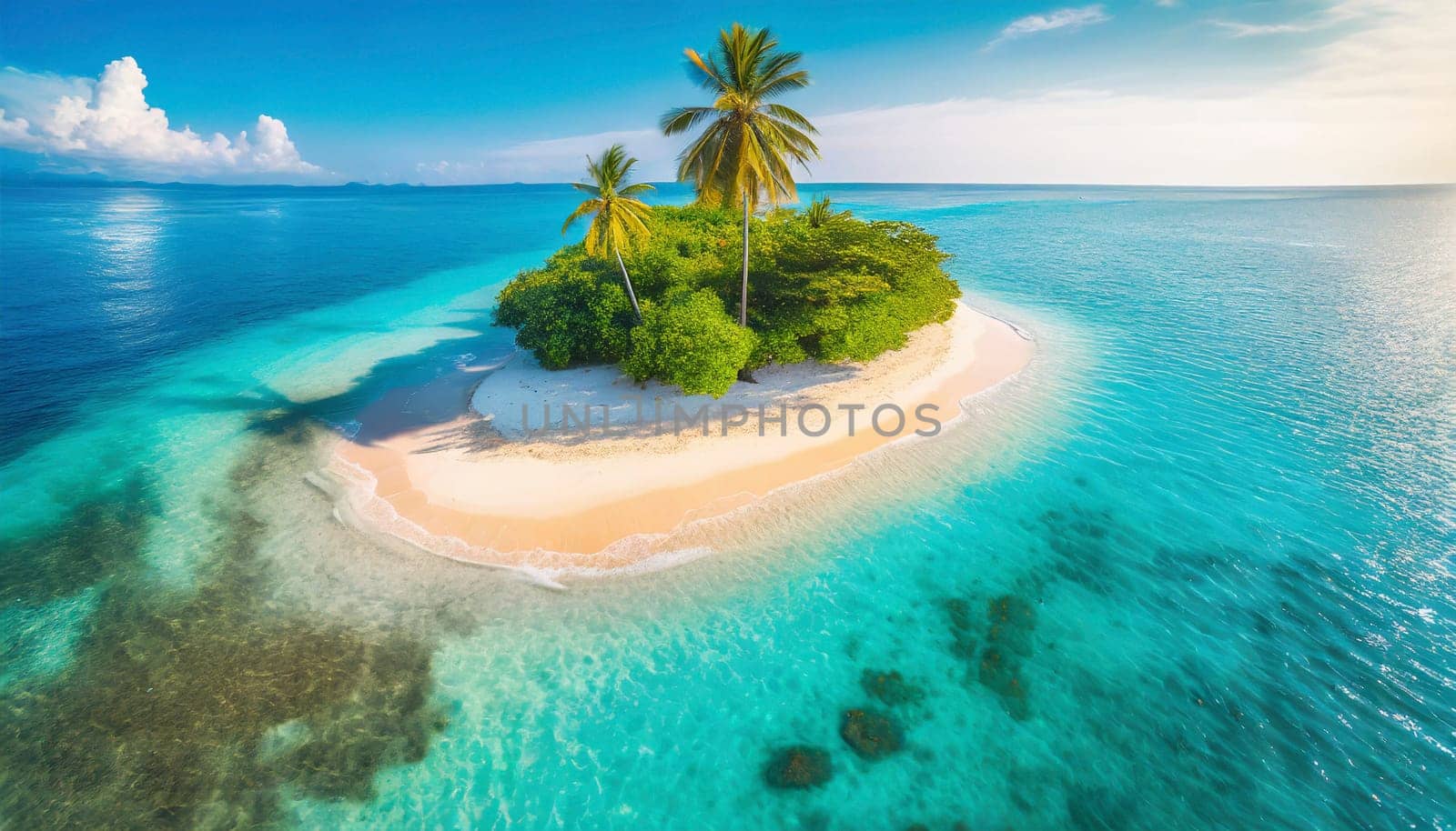 Aerial view of tropical island with palm trees and sandy beach. AI generated
