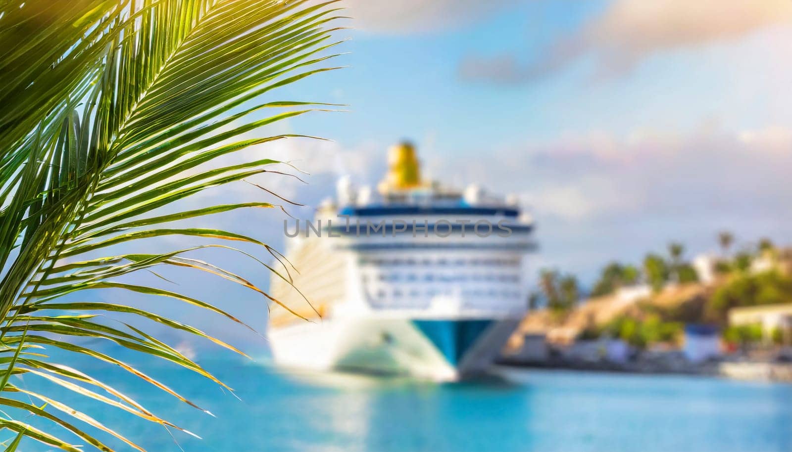 Cruise ship and palm tree on the beach in the tropics. Tropical island vacation concept. AI generated