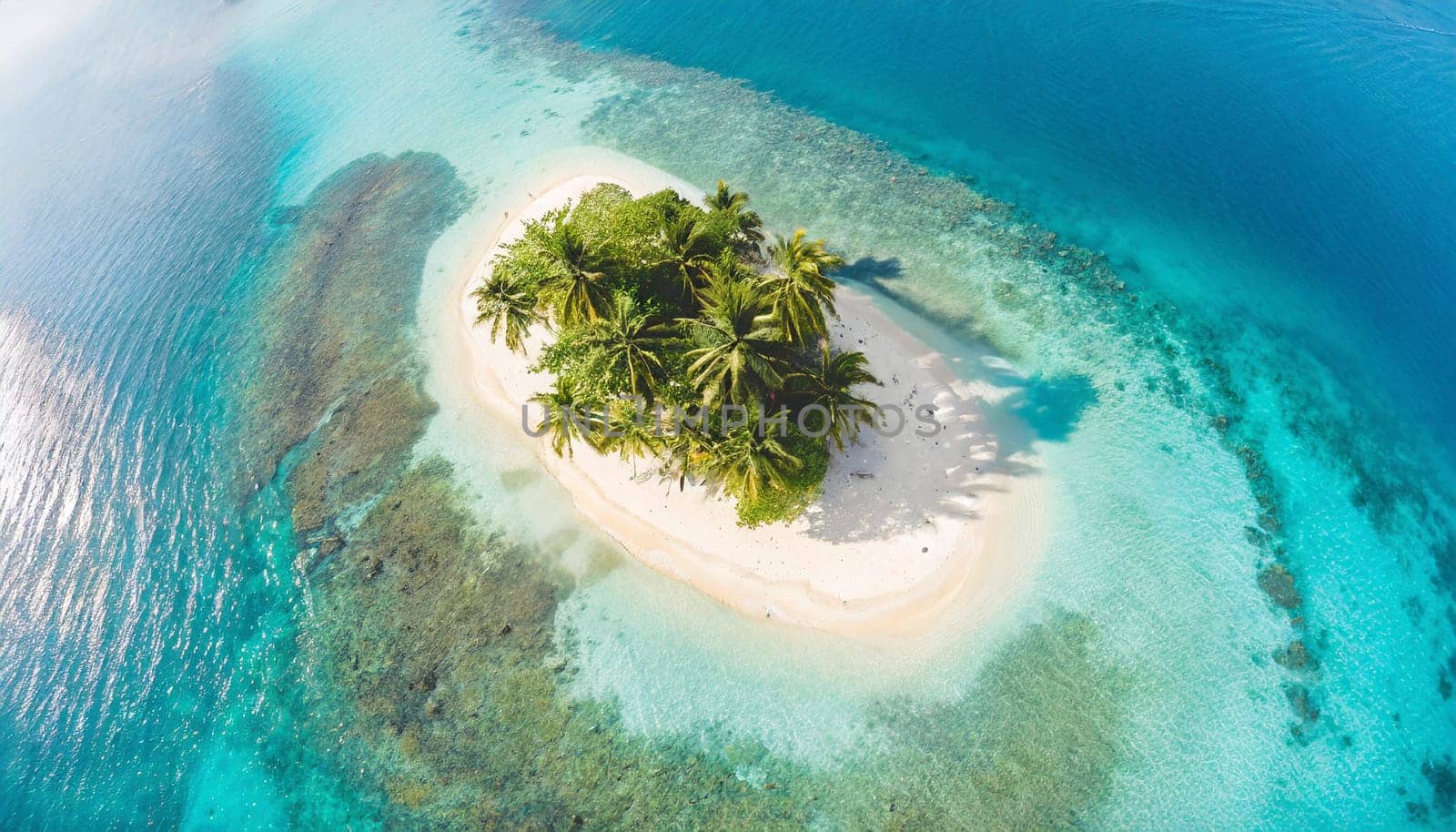 Aerial view of tropical island with palm trees and sandy beach. AI generated