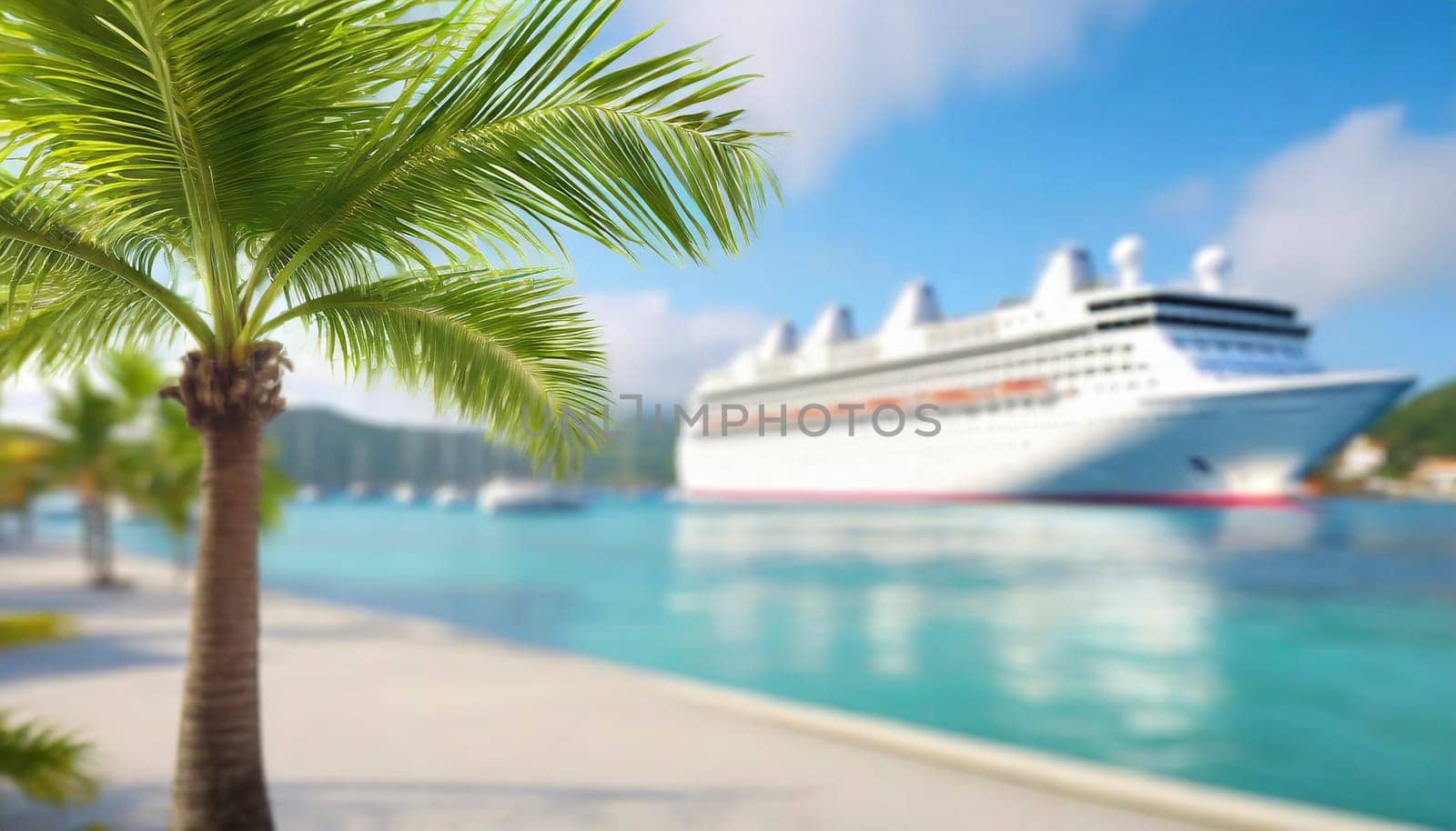 Cruise ship and palm tree on the beach in the tropics. Tropical island vacation concept. AI generated
