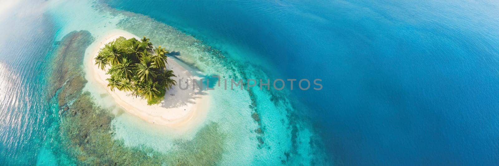 Aerial view of tropical island with palm trees and sandy beach. AI generated