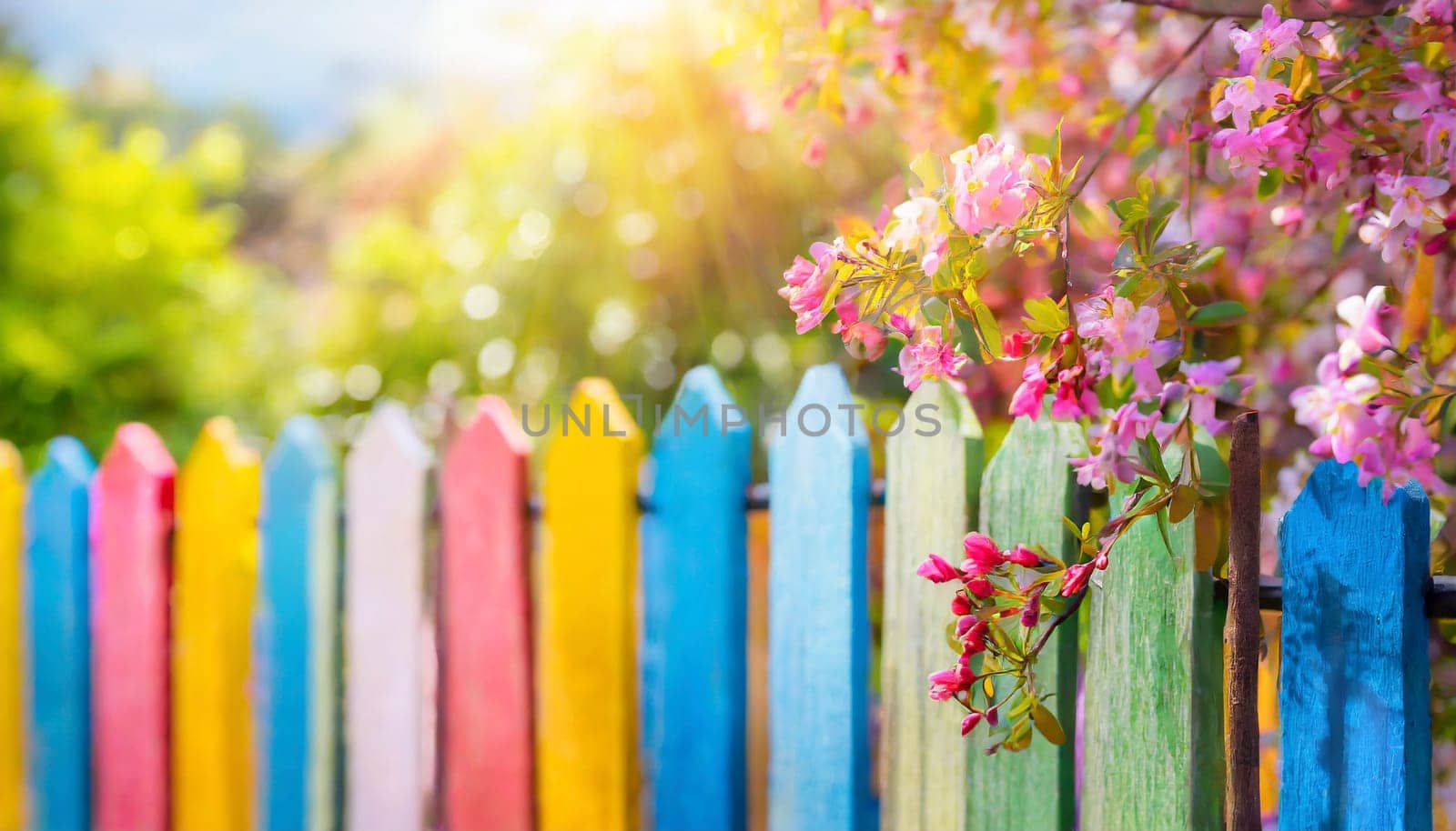 Colorful wooden fence in the garden with pink tree blossom in spring and morning sunshine. AI generated