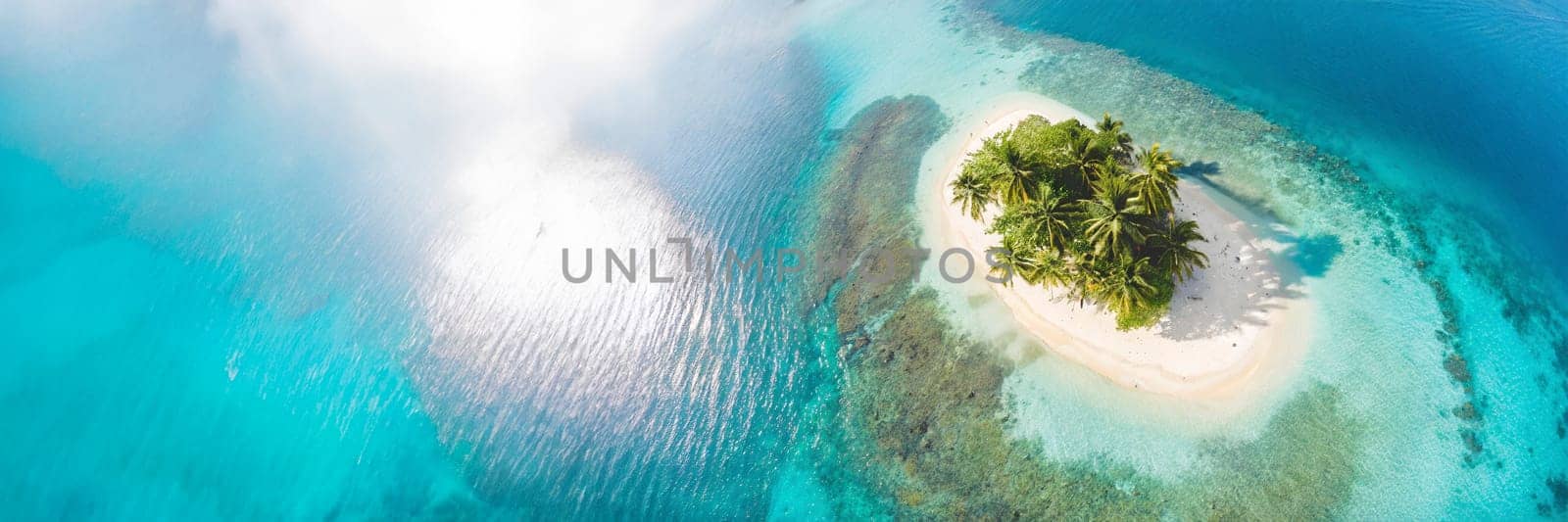 Aerial view of tropical island with palm trees and sandy beach. AI generated