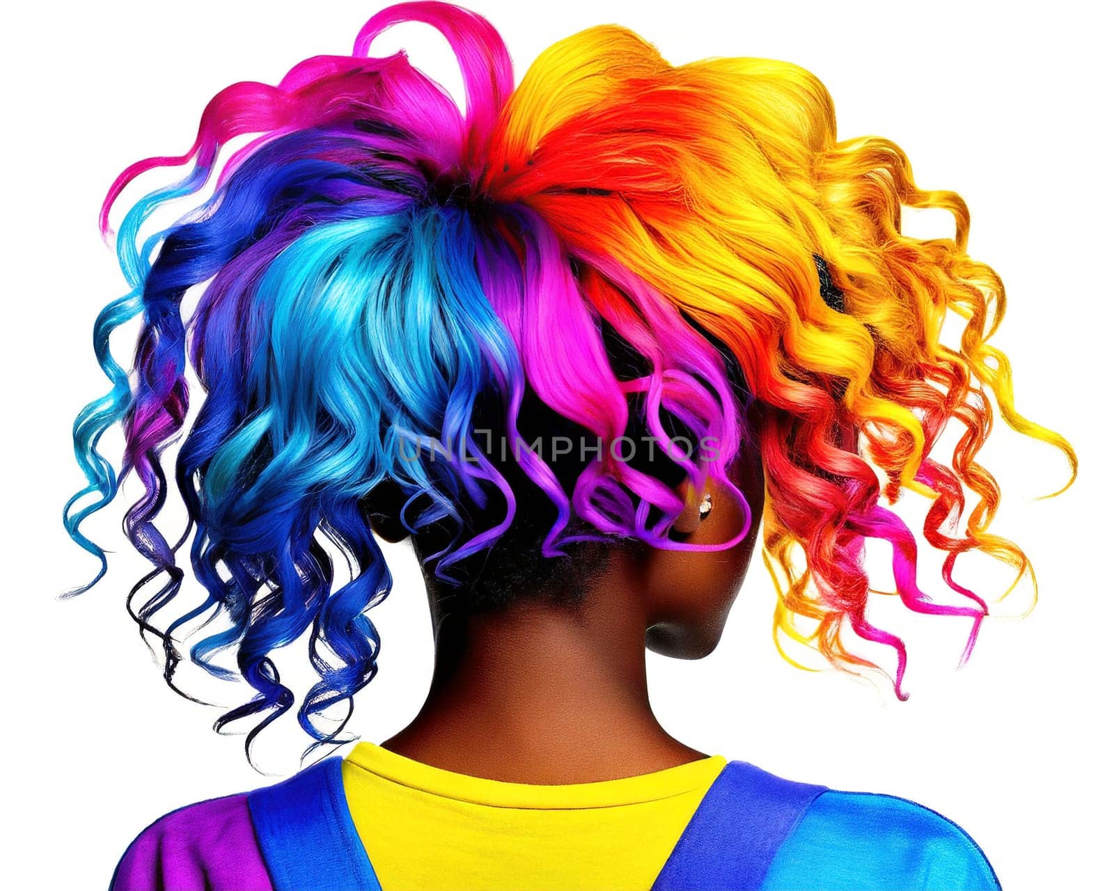Portrait of a young african american woman with colorful hair isolated on white background. AI generated