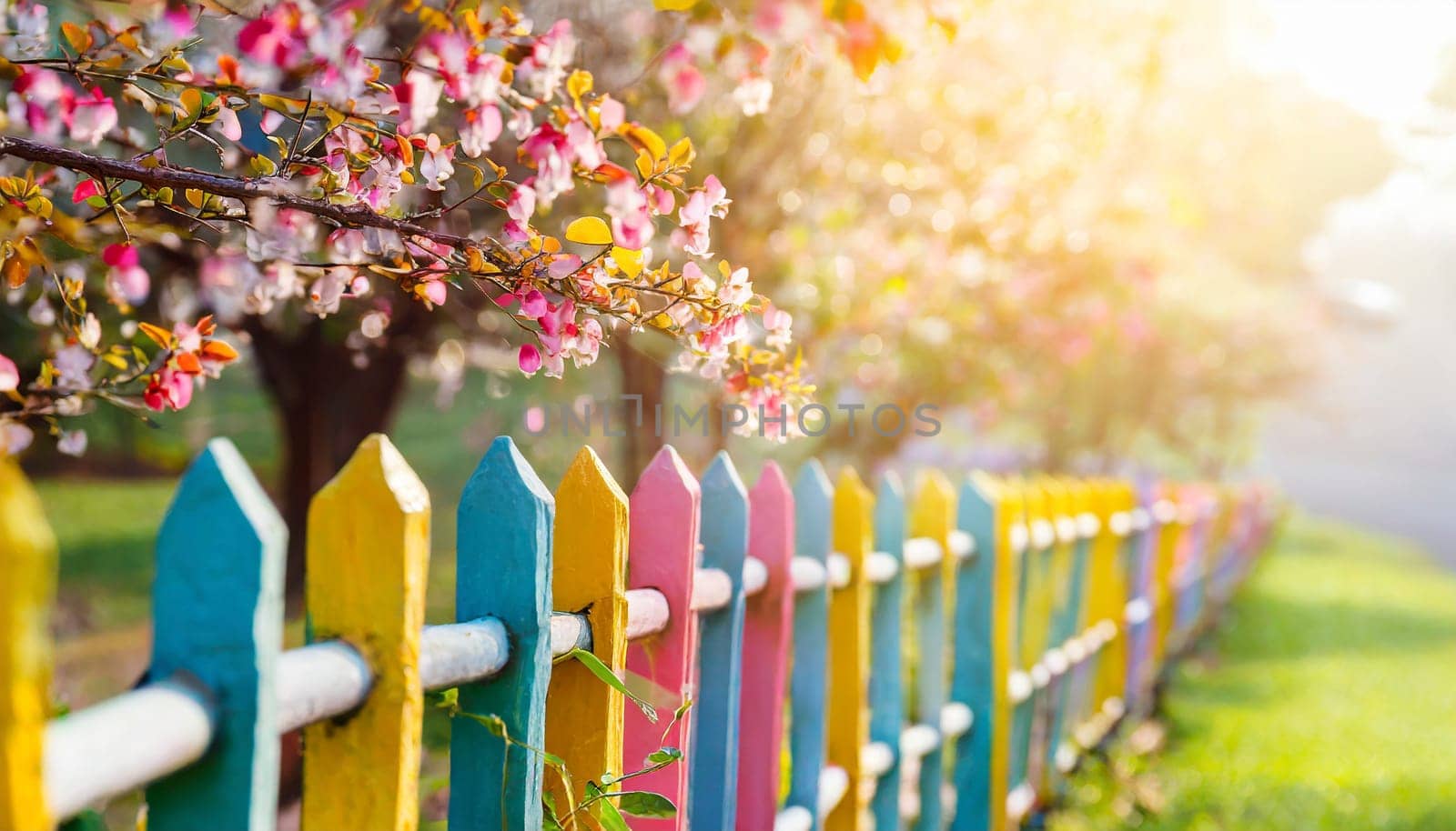 Colorful wooden fence in the garden with pink tree blossom in spring and morning sunshine. AI generated