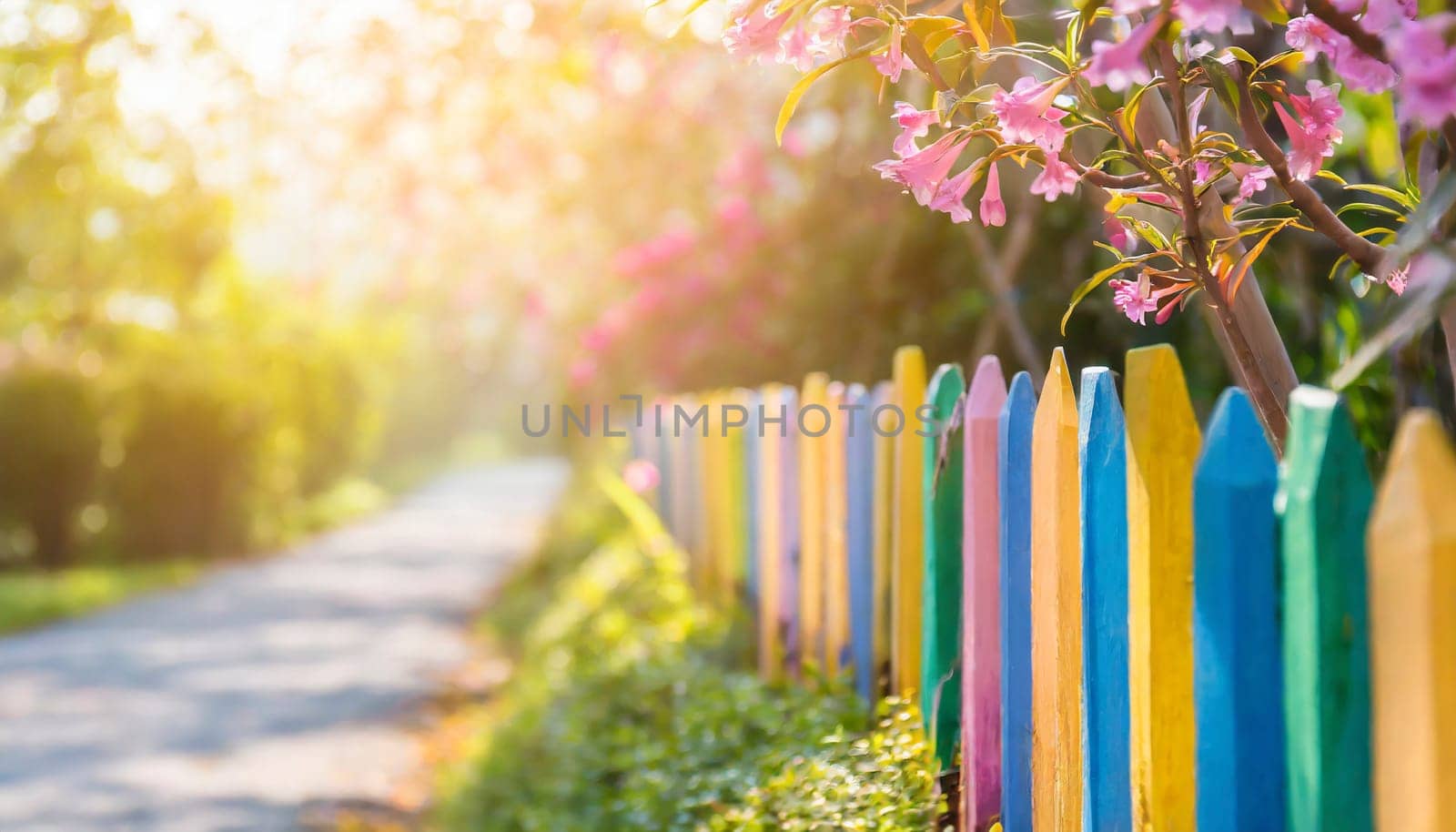 Colorful wooden fence in the garden with pink tree blossom in spring and morning sunshine. AI generated