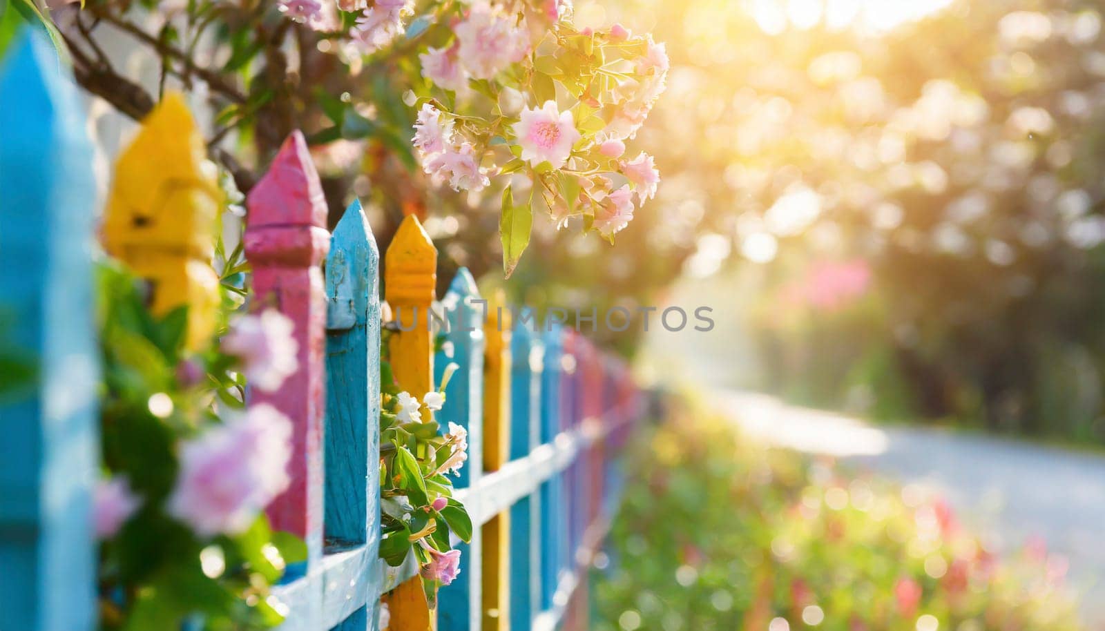 Colorful wooden fence in the garden with pink tree blossom in spring and morning sunshine. AI generated