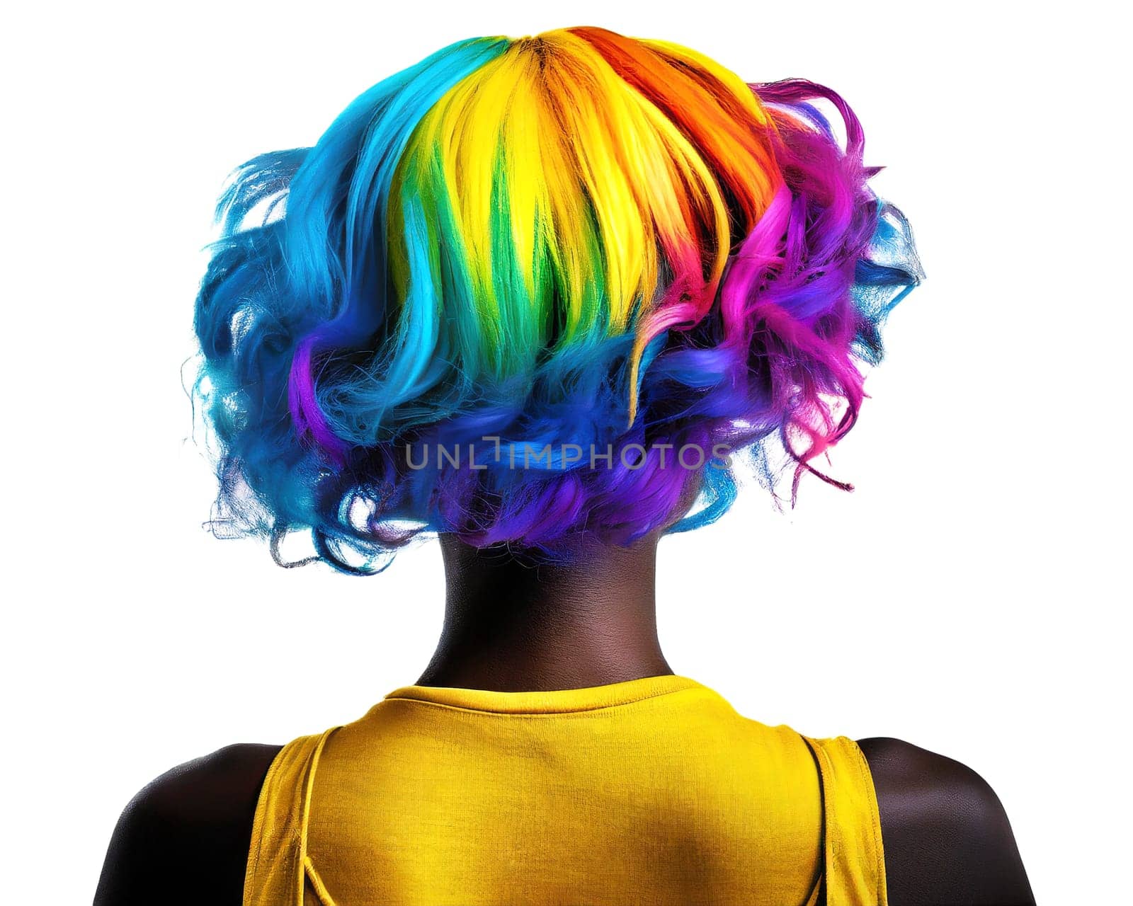 Portrait of a young african american woman with colorful hair isolated on white background. AI generated
