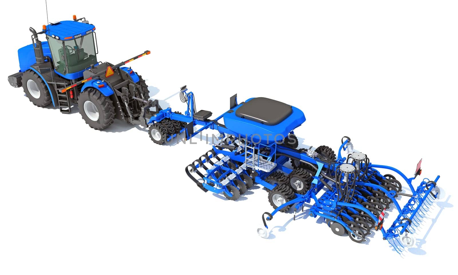 Tractor with Seed Drill farm equipment disc harrow 3D rendering model on white background