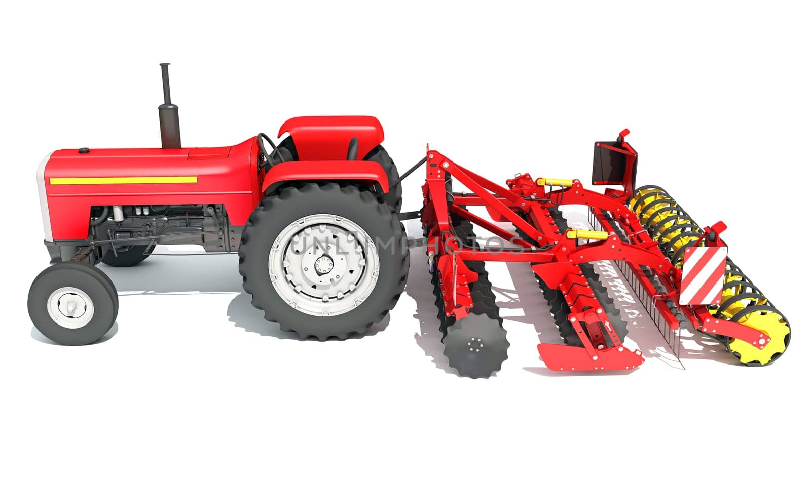 Tractor with Seed Drill farm equipment disc harrow 3D rendering model on white background
