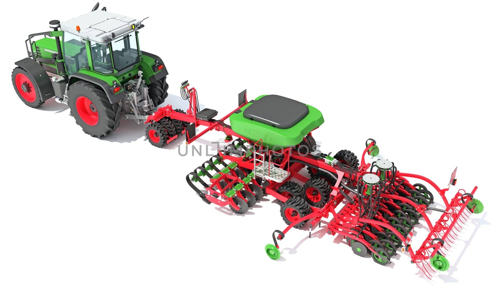 Tractor with Seed Drill farm equipment disc harrow 3D rendering model on white background