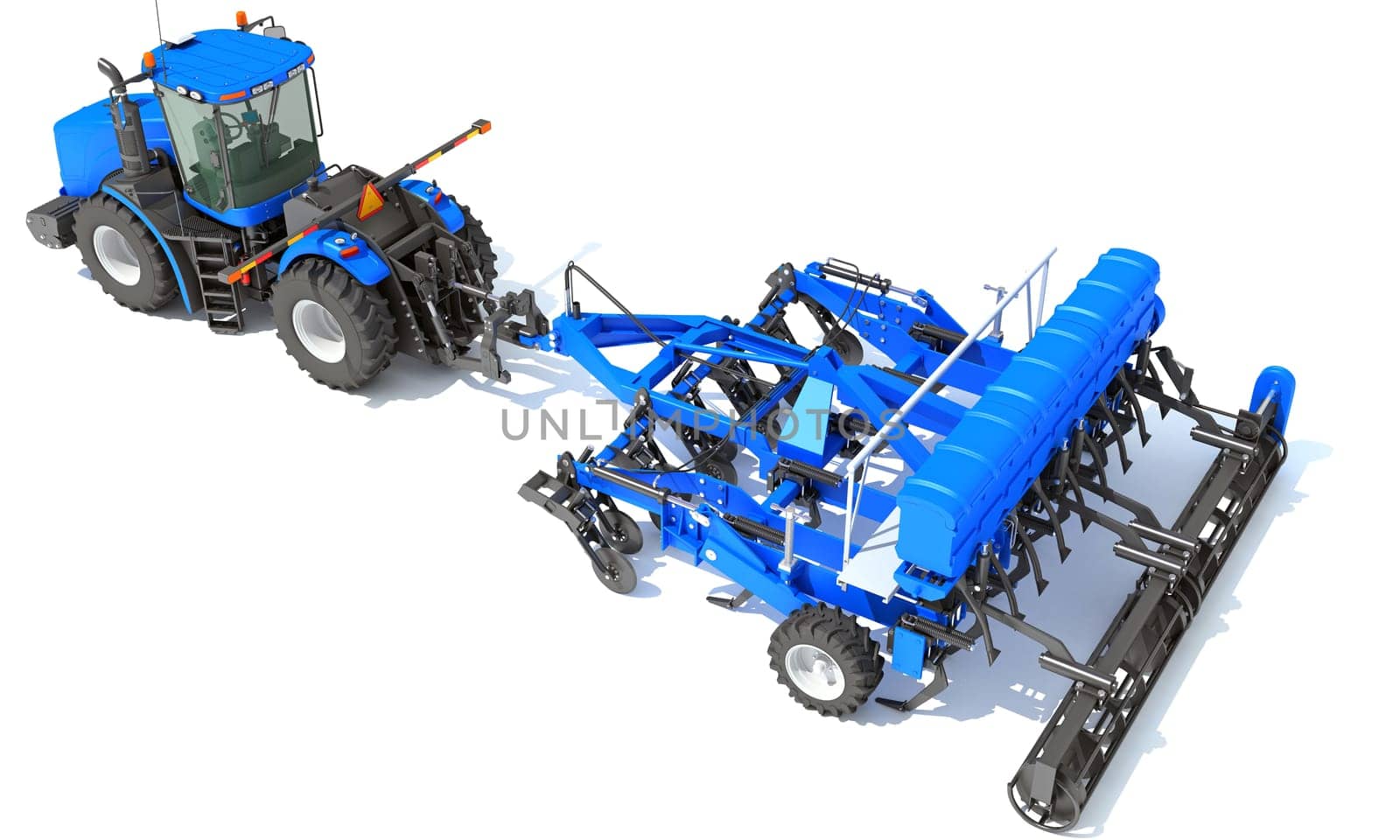 Tractor with Seed Drill farm equipment disc harrow 3D rendering model on white background
