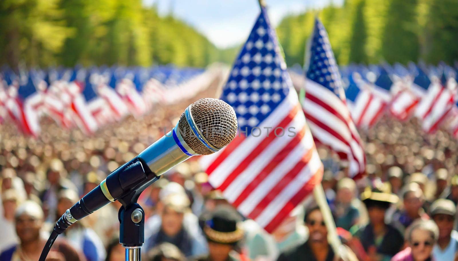 Microphone on a blurred background of the American flags. AI generated