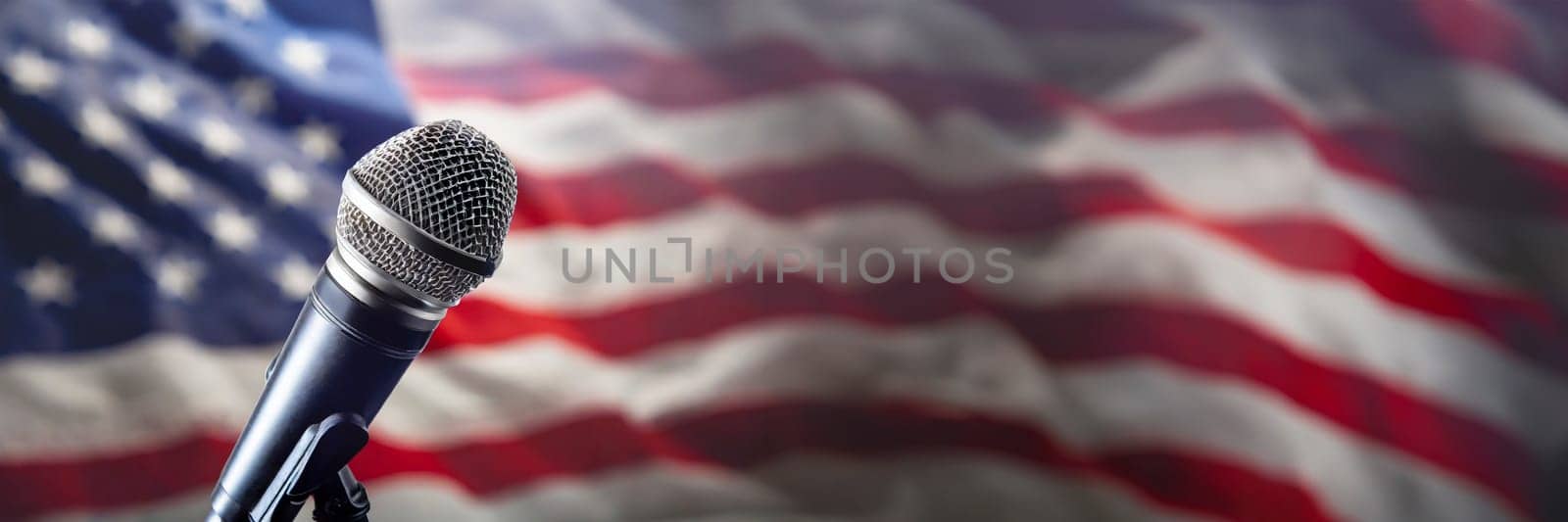 Microphone on a blurred background of the American flags. AI generated