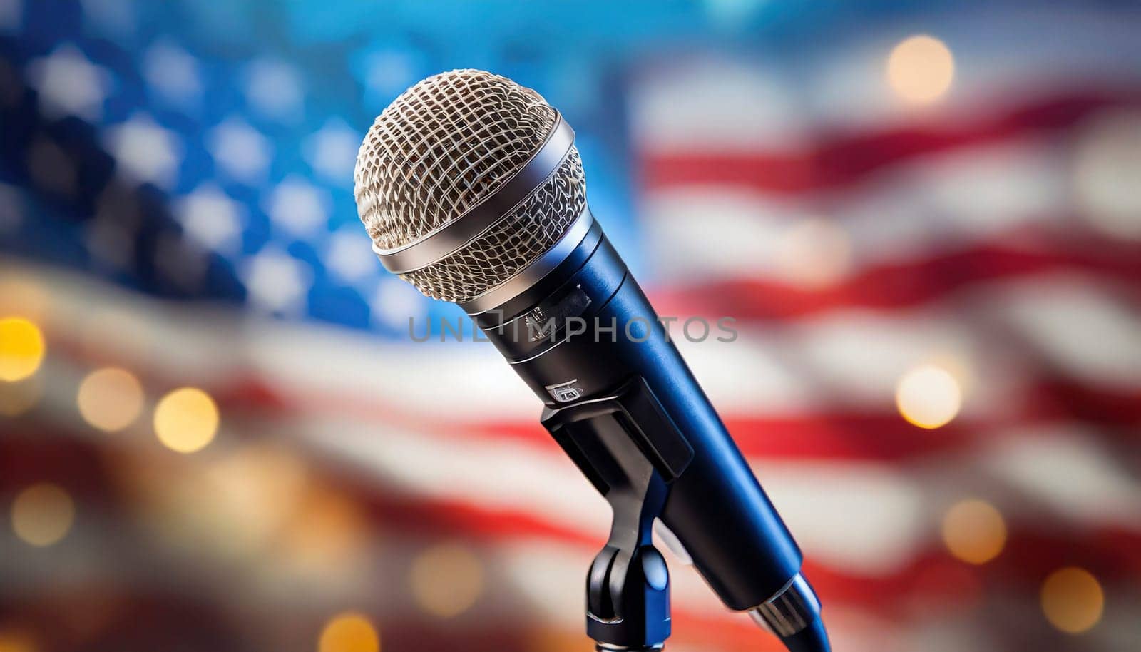 Microphone on a blurred background of the American flags. AI generated