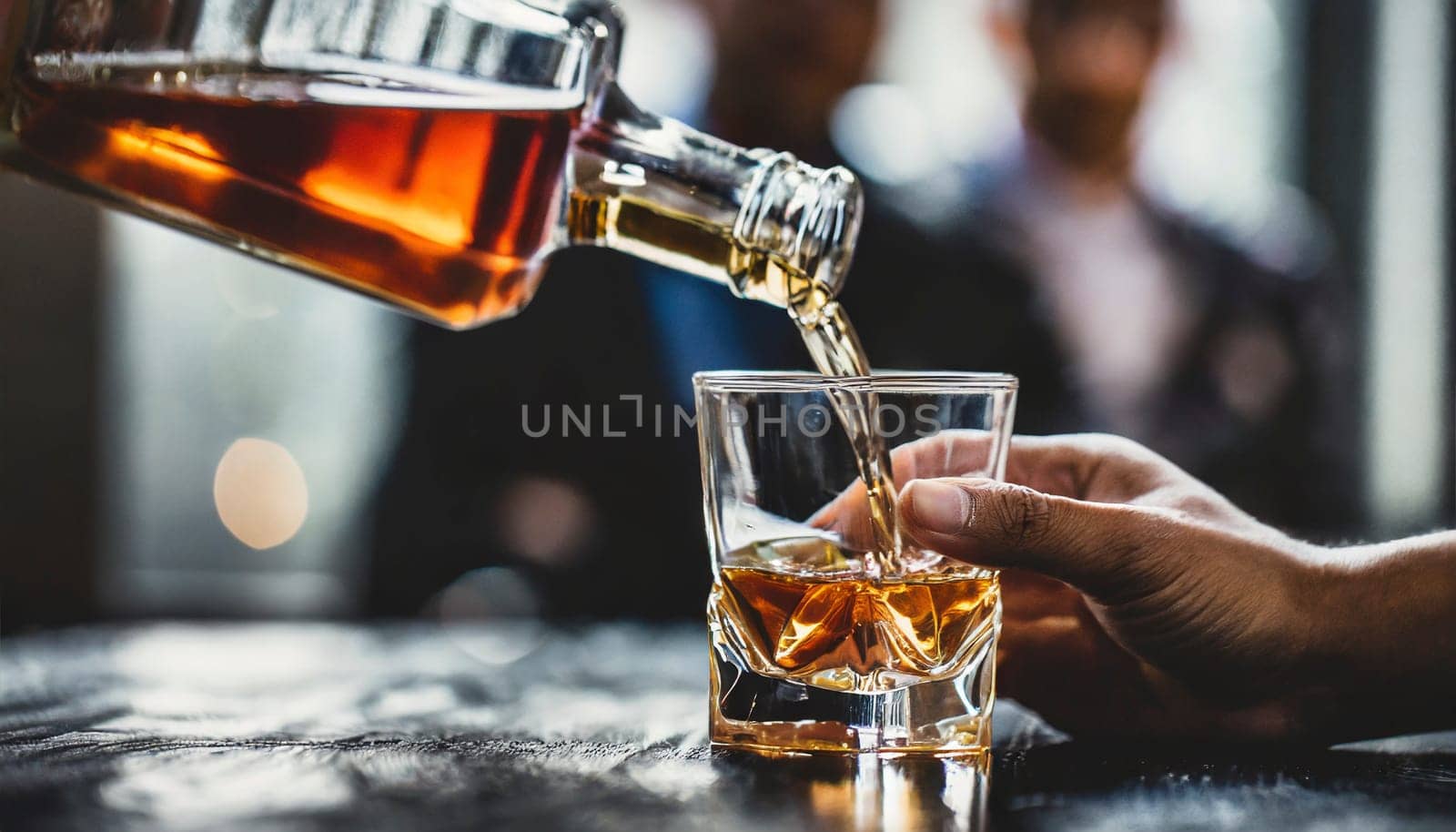 Pouring whiskey from bottle into glasses with blurred business people in background. AI generated
