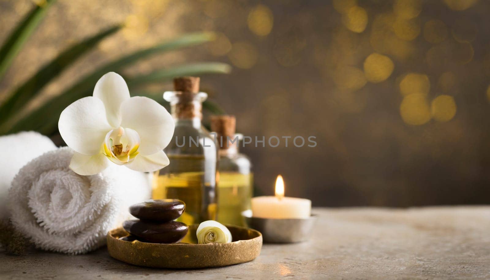 Spa still life with orchids, candles and towels on light background. AI generated