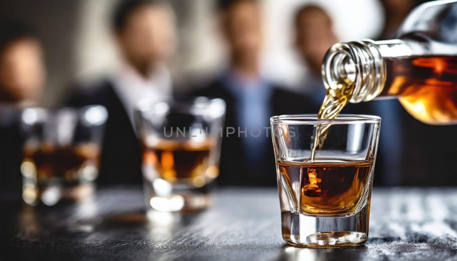 Pouring whiskey from bottle into glasses with blurred business people in background. AI generated