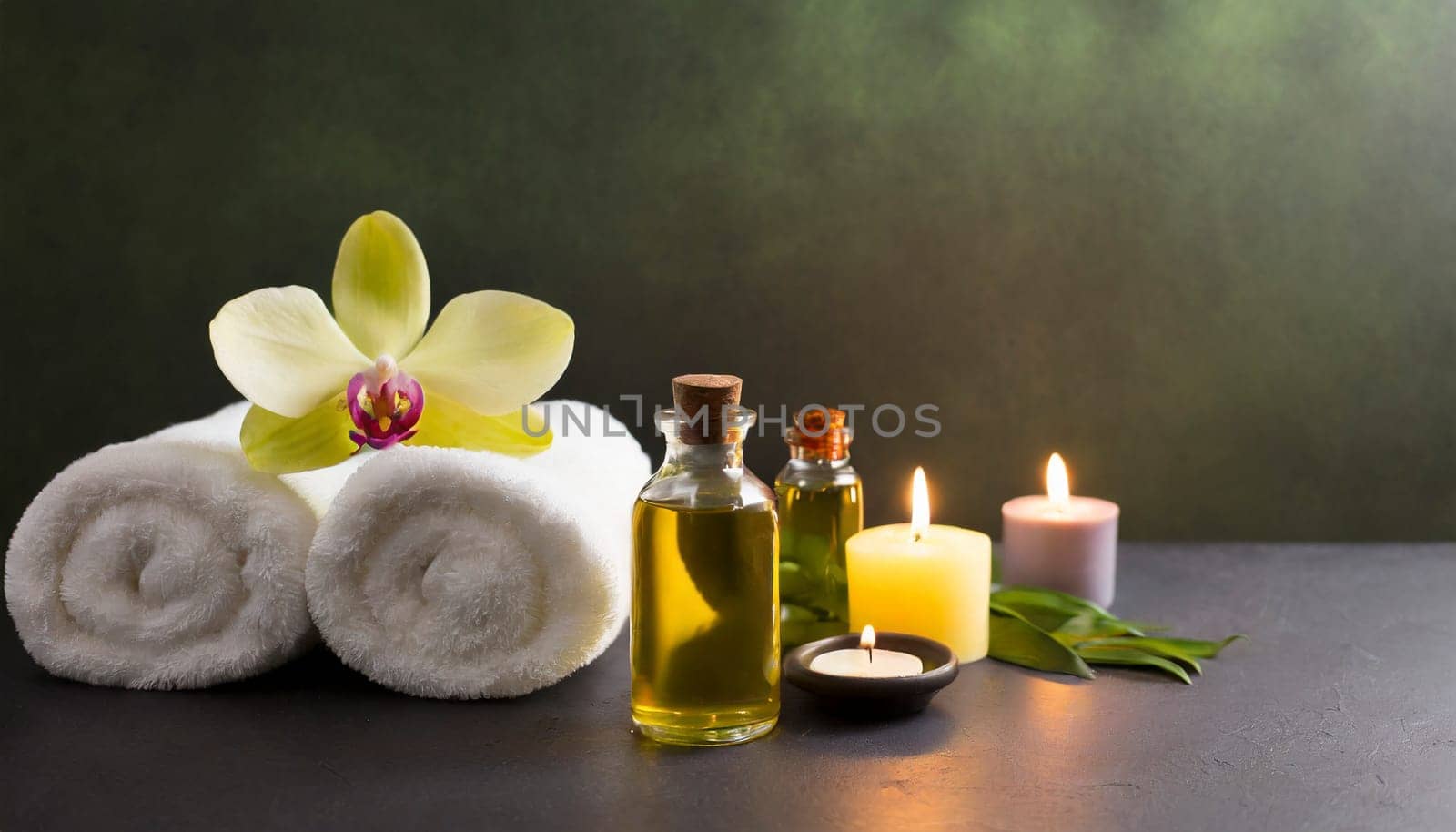 Spa still life with orchids, candles and towels on light background. AI generated