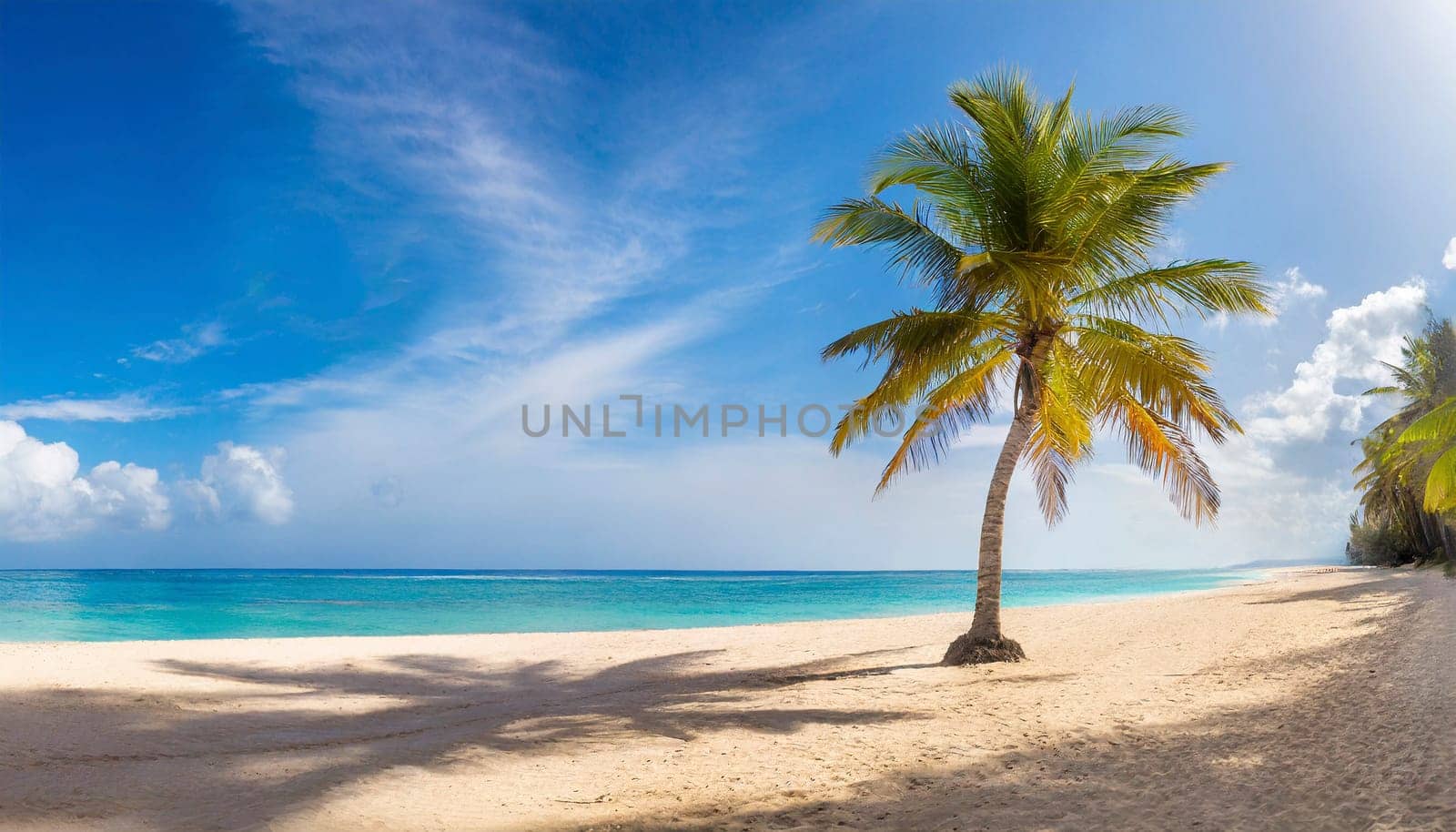 Palm tree on white sand beach with turquoise ocean water. AI generated