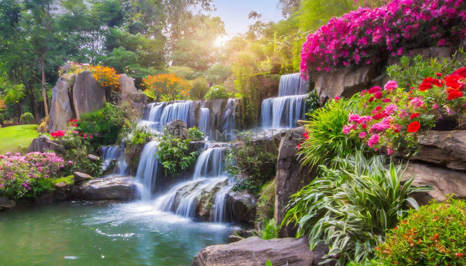 Waterfall in the garden with sunlight, beautiful nature landscape background. AI generated