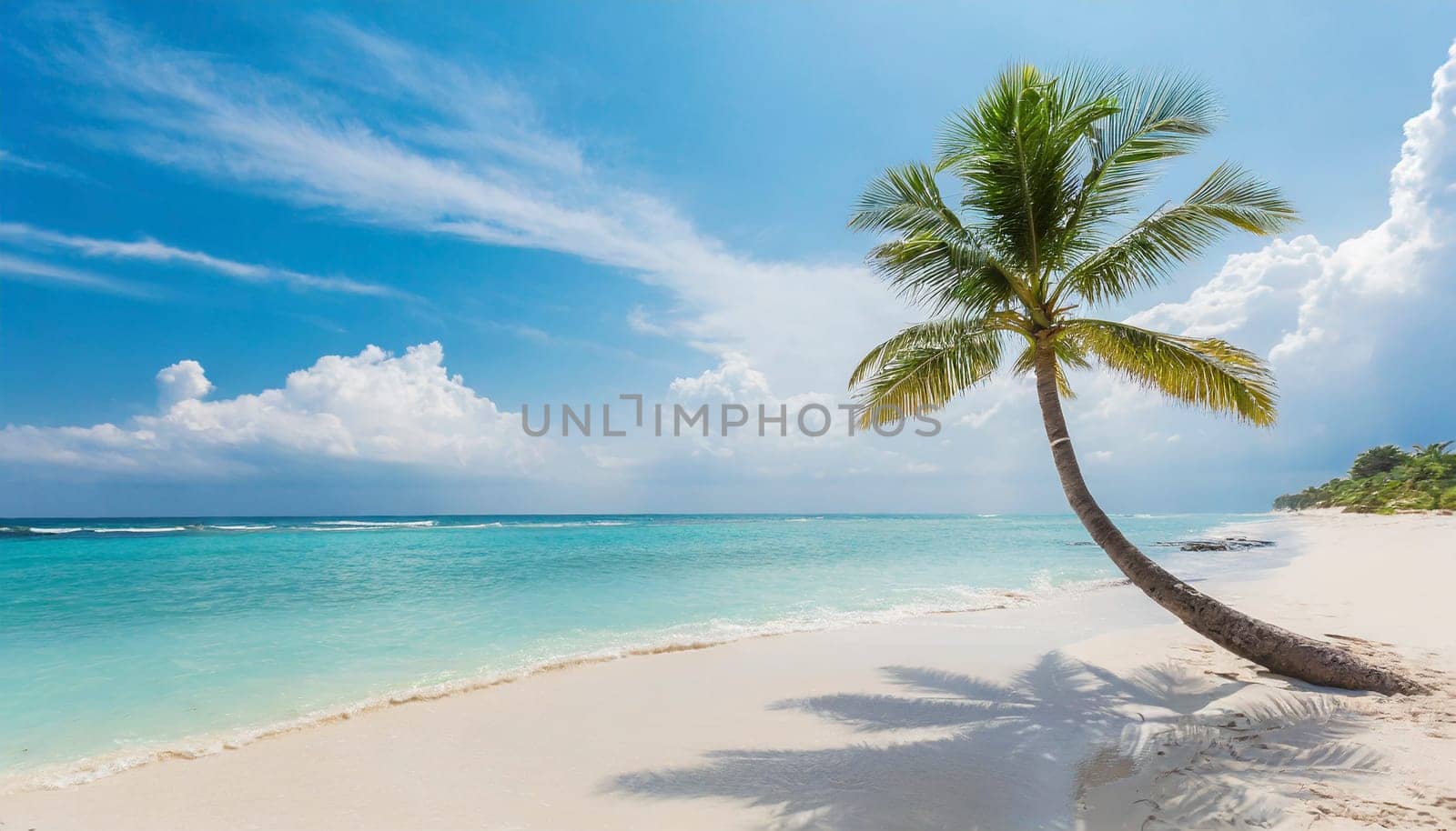 Palm tree on white sand beach with turquoise ocean water. AI generated
